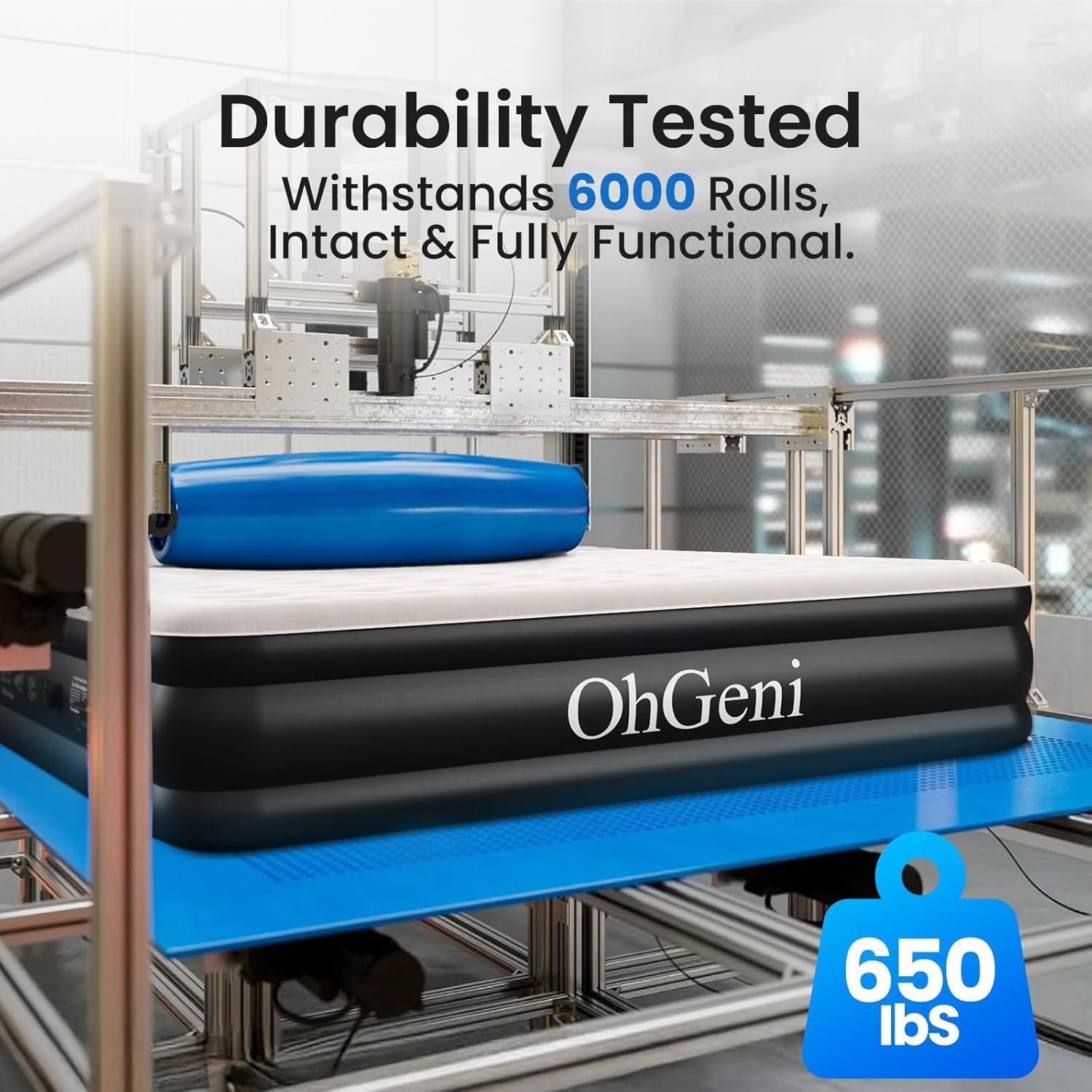 OhGeni Queen Raised Black PVC Air Mattress with Pump