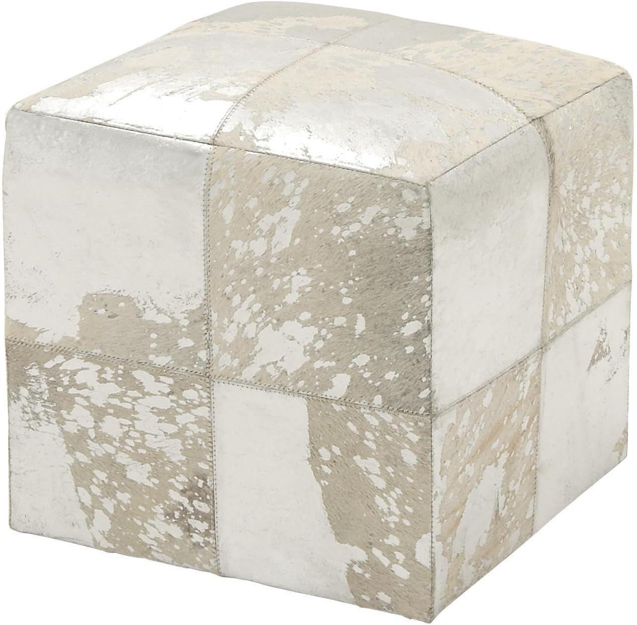 DecMode 16" x 17" White Leather Handmade Stool with Silver Foil Paint, 1-Piece