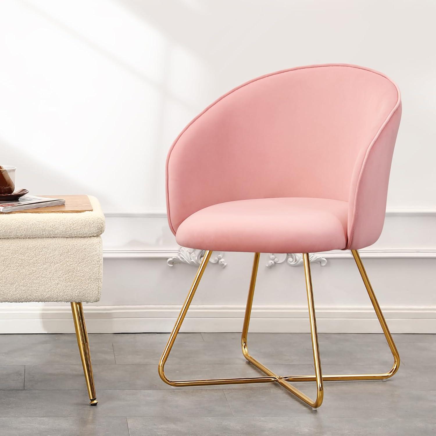 Furniliving  Velvet Upholstered Accent Chair Mid-Back Leisure Chairs Makeup Vanity Stool  , Pink