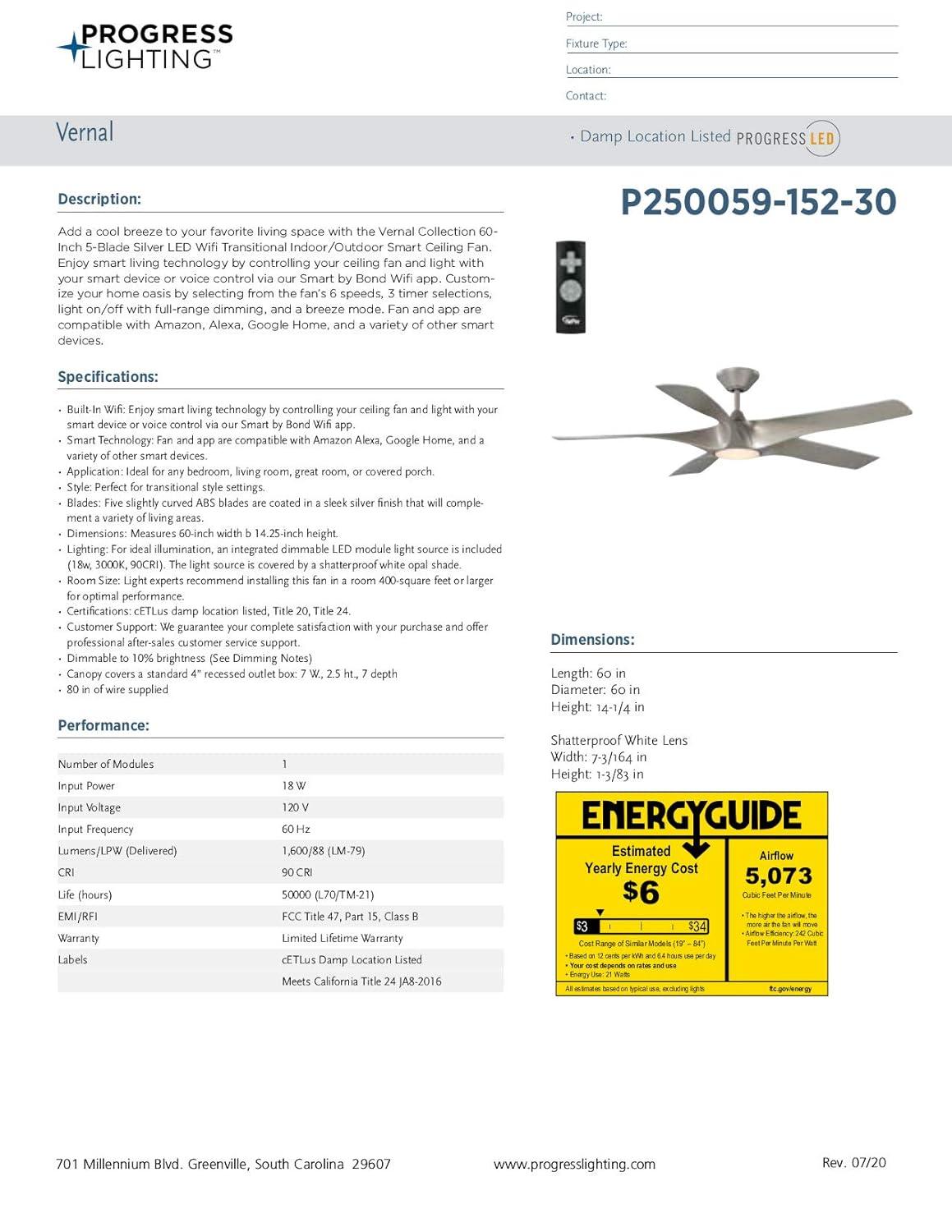 Progress Lighting 60'' Ceiling Fan with LED Lights