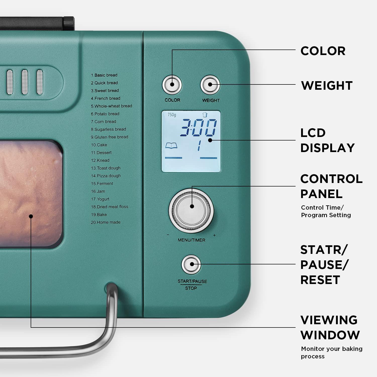 Neretva Bread Maker, 20-in-1 Automatic Bread Machine with Dual Heaters, 2LB Ceramic Pan, Stainless Steel, Green