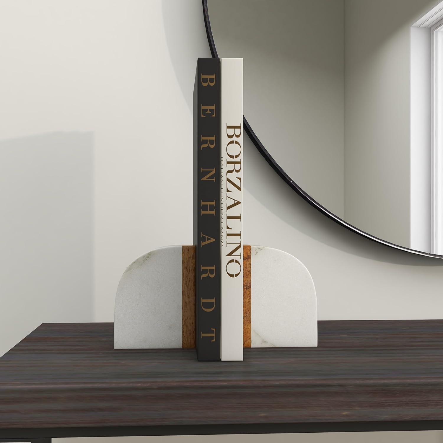 DecMode 4" 5 lbs White Marble Bookends with Wood Details (Set of 2)