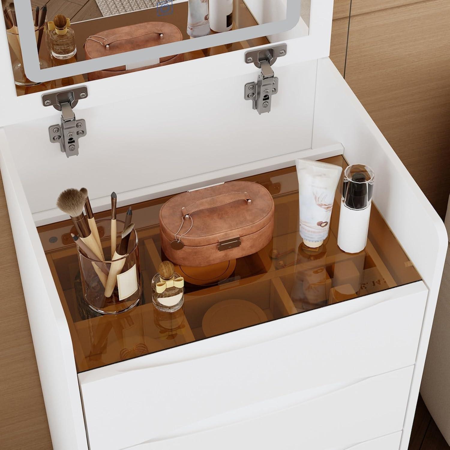 Joqixon Vanity Desk with Flip Top Mirror and Lights, Makeup Vanity Set with Glass Shelf, Space Saving Dressing Table with 3 Drawers & Cushion Stool for Bedroom, White