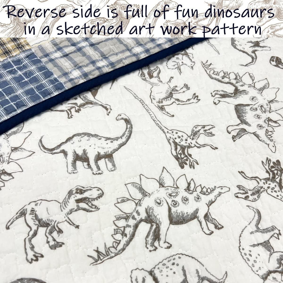 Cozy Line Home Fashions Benjamin Cute Dinosaur Plaid Printed Pattern 100% Cotton Quilt Bedding Set, Reversible Coverlet,Bedspread for Kids Boy (Dinosaur,Queen - 3 Piece)