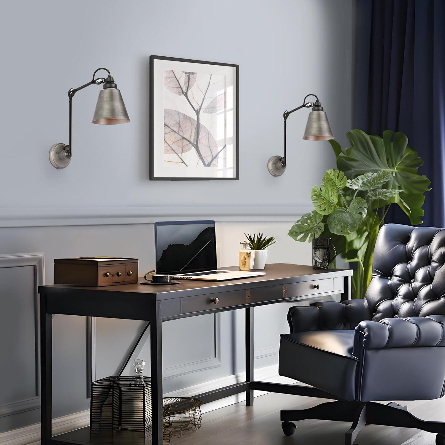 LALUZ Swing Arm Wall Sconce Set of 2, Modern Farmhouse Sconce Wall Lighting Vintage Adjustable Wall Mounted Lights with Black Silver Finish