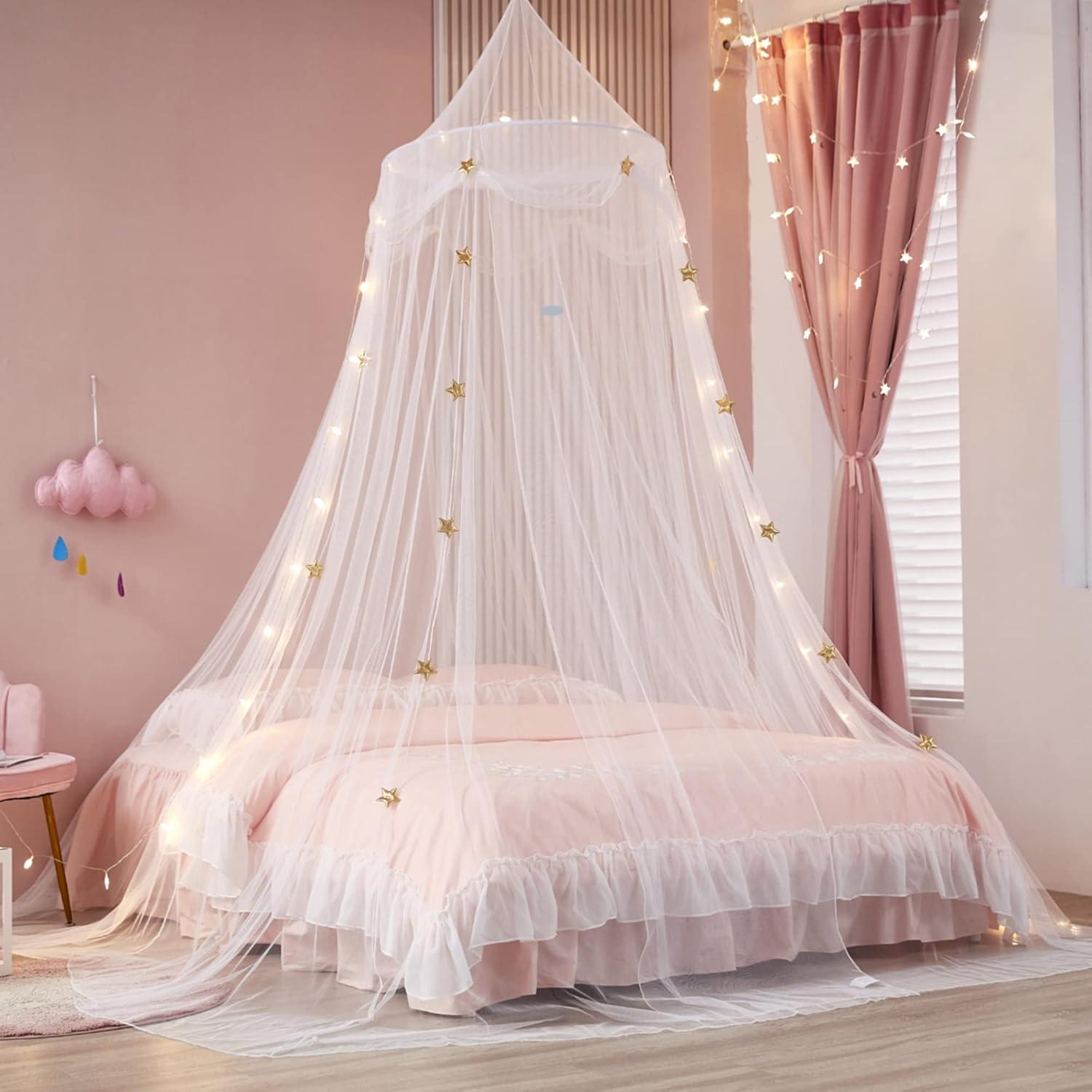 Bed Canopy with Lights for Girls,Gold Star Princess Crib Canopy Curtains,Extra Large Dome Mosquito Net Reading Nook Canopy for Kids Boys Twin Full Queen Size Bed,Fire Retardant Fabric