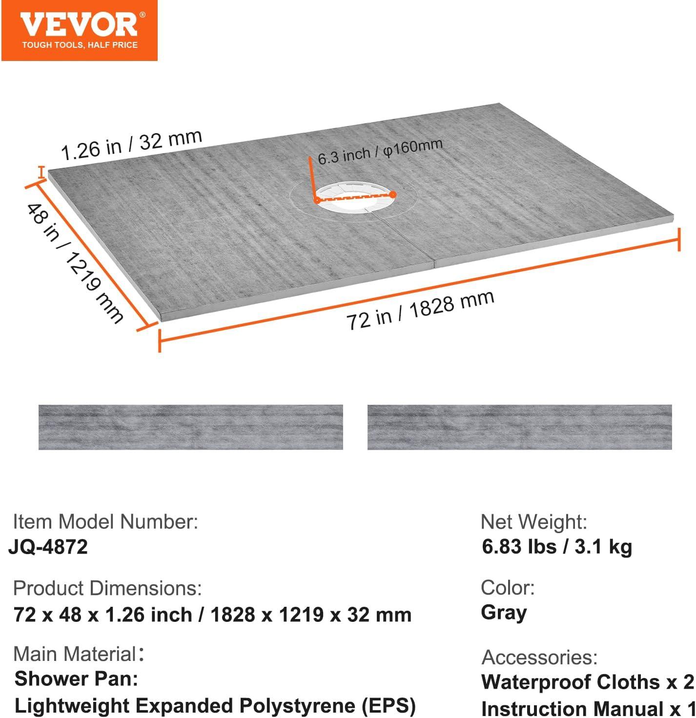 Gray Rectangular 72'' x 48'' Waterproof Shower Base with Drain