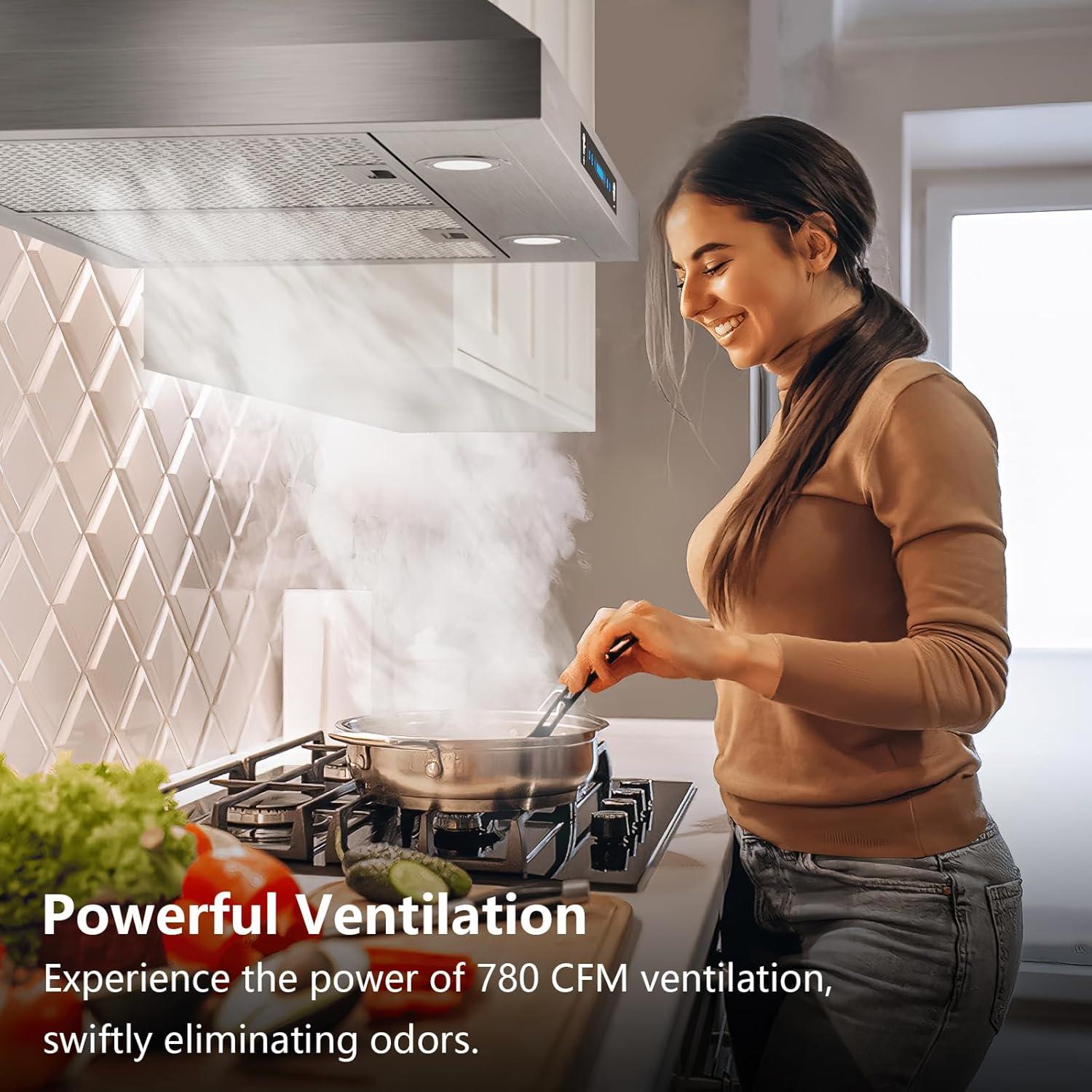 HisoHu Wall Mount Range Hood with Ducted/Ductless Convertible Duct, 30 Inch 780 CFM Stainless Steel Vent Hood, 4 Speed Gesture Sensing Exhaust Hood with Dimmable LED lights(A02-30")