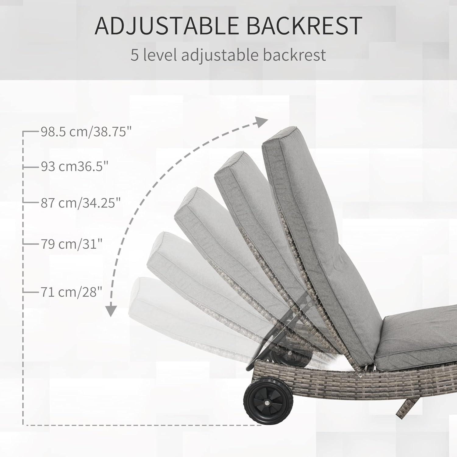 Outsunny Patio Wicker Chaise Lounge Chair, Outdoor PE Rattan Sun lounger w/ 5-Level Adjustable Backrest & 2 Wheels for Easy Movement, Mixed Gray