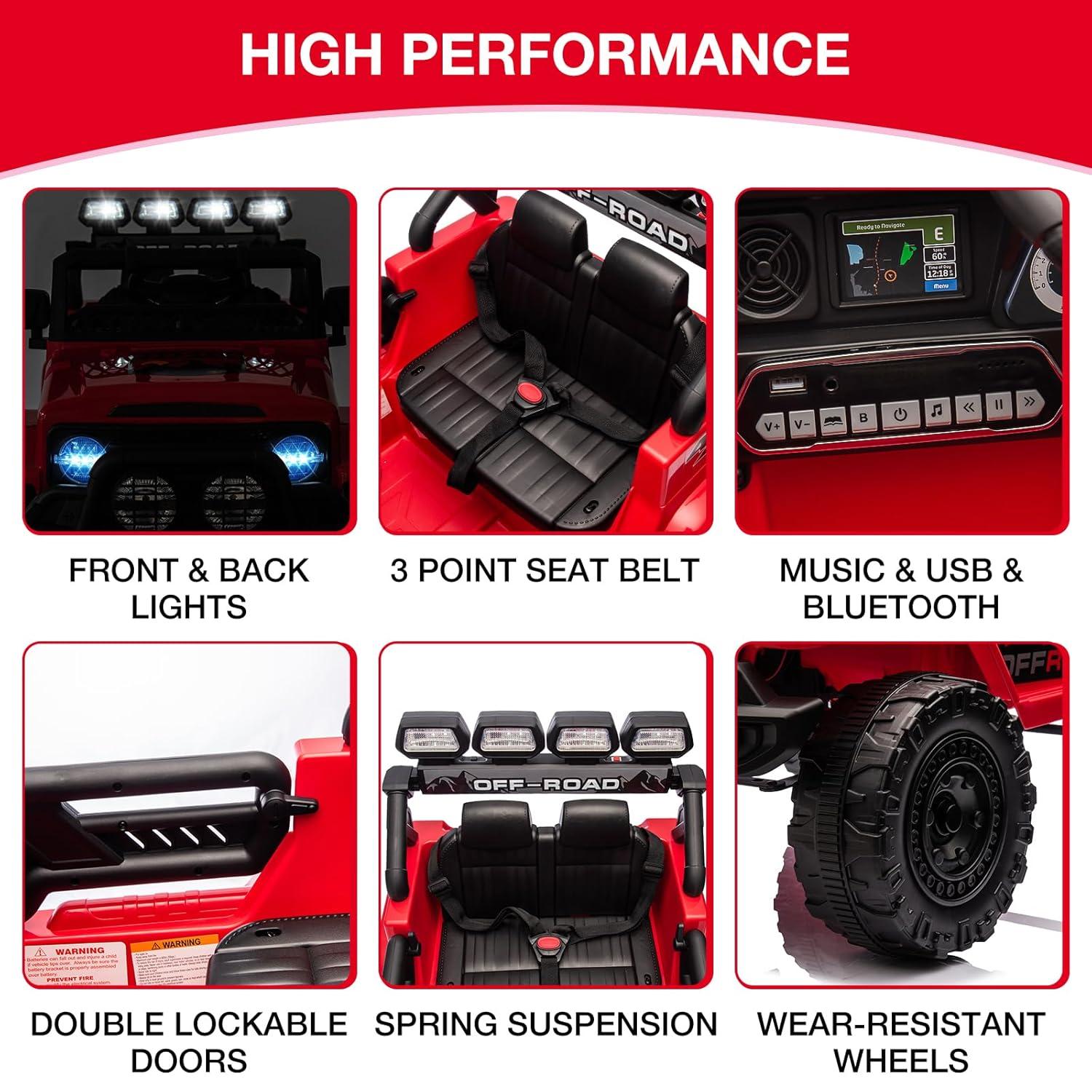 Ride On Truck Car 12V, Electric Vehicle w/Remote Control, 3 Speeds, LED Lights, Music, Spring Suspension, Ride on Car for Kids