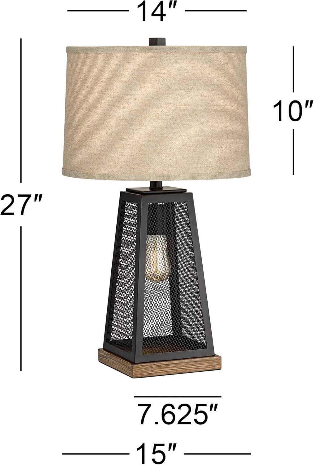 Franklin Iron Works Barris Industrial Table Lamp 26 3/4" High Metal Mesh with Nightlight LED USB Charging Port Burlap Shade for Living Room House Desk