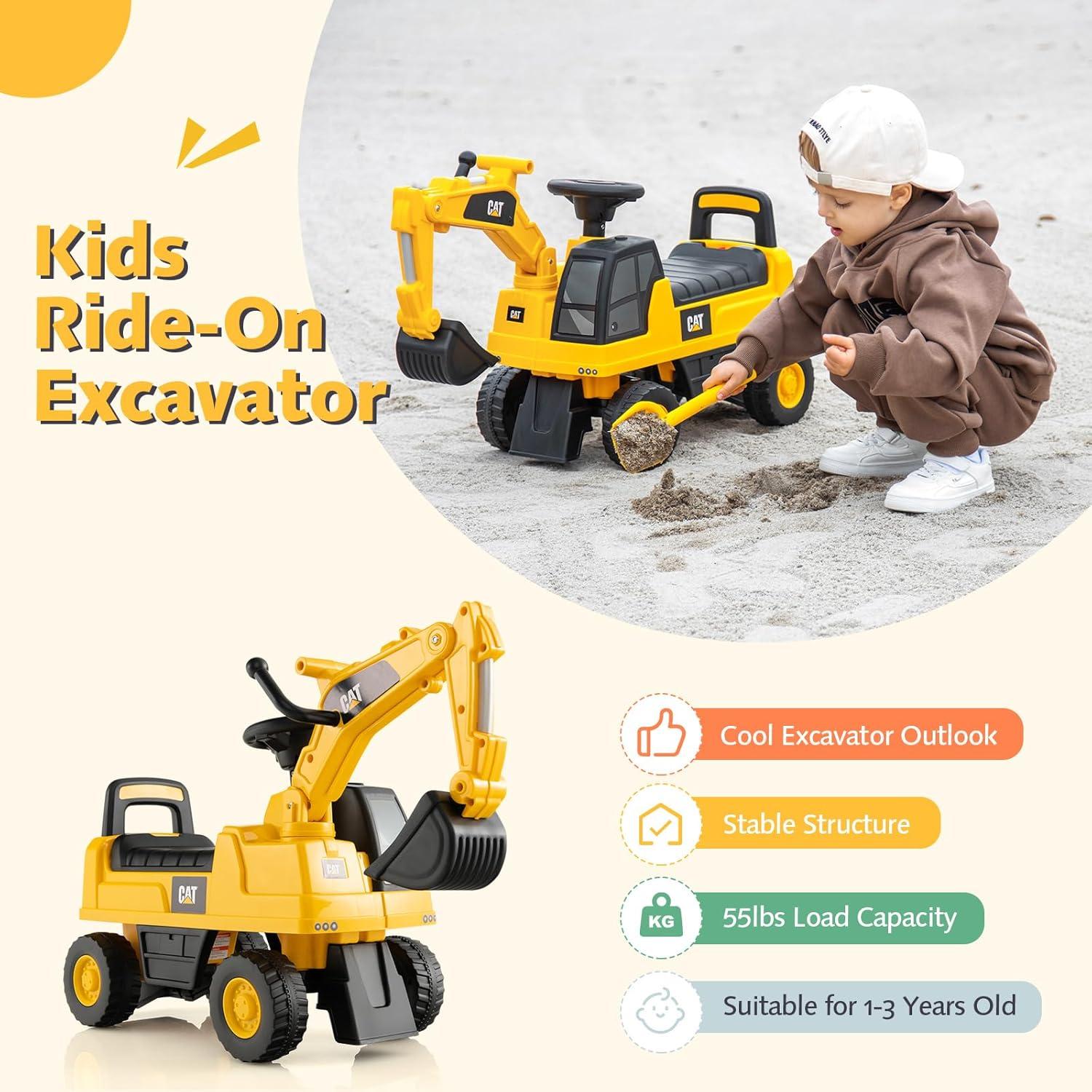 Gymax Licensed Caterpillar Kids Rid-On Digger Excavator Toy w/ Rotatable Digging Bucket & Hidden Storage