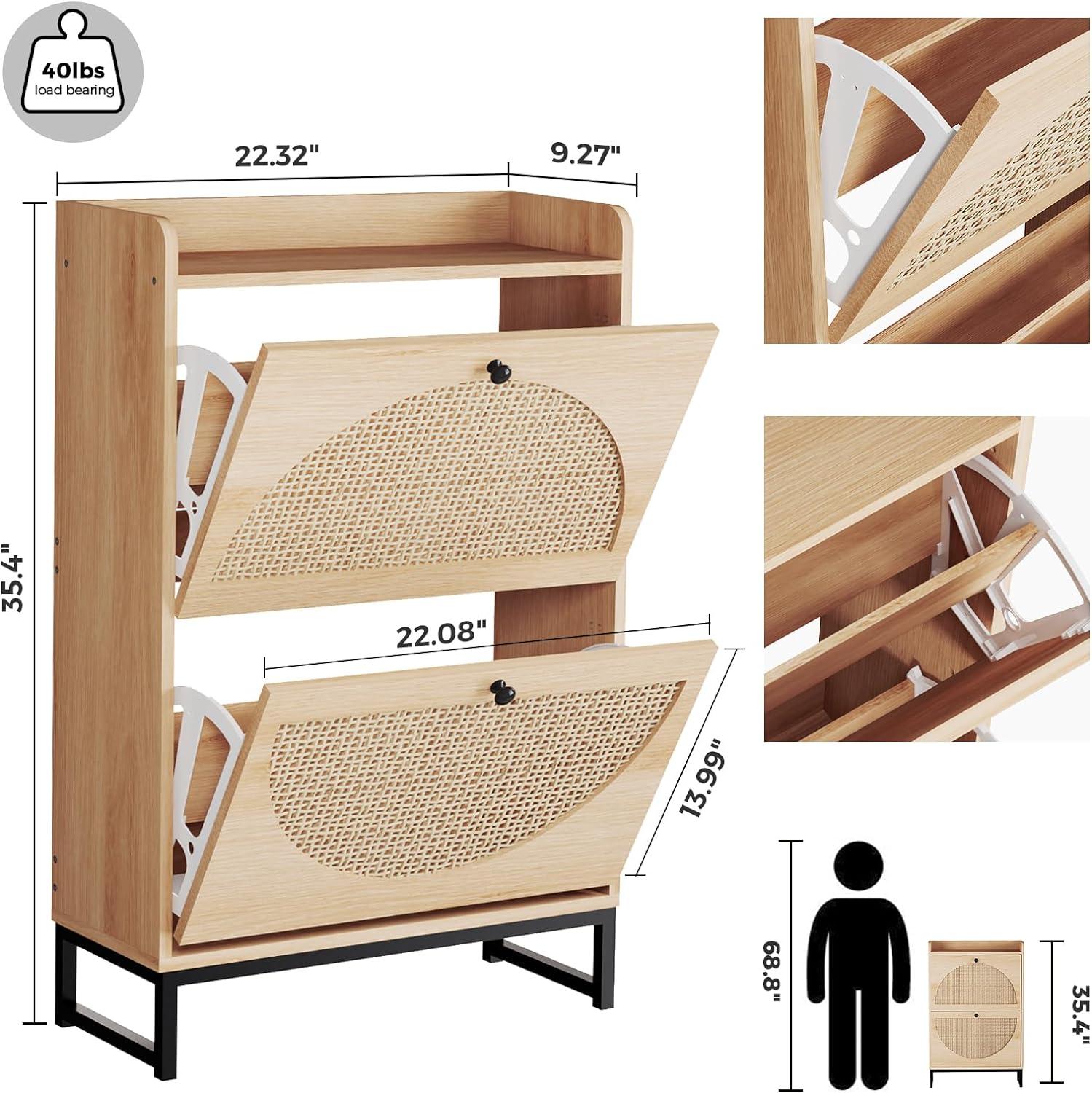 REHOOPEX Shoe Cabinet with 2 Natural Rattan Flip Drawers, Entryway Shoe Rack Storage Organizer