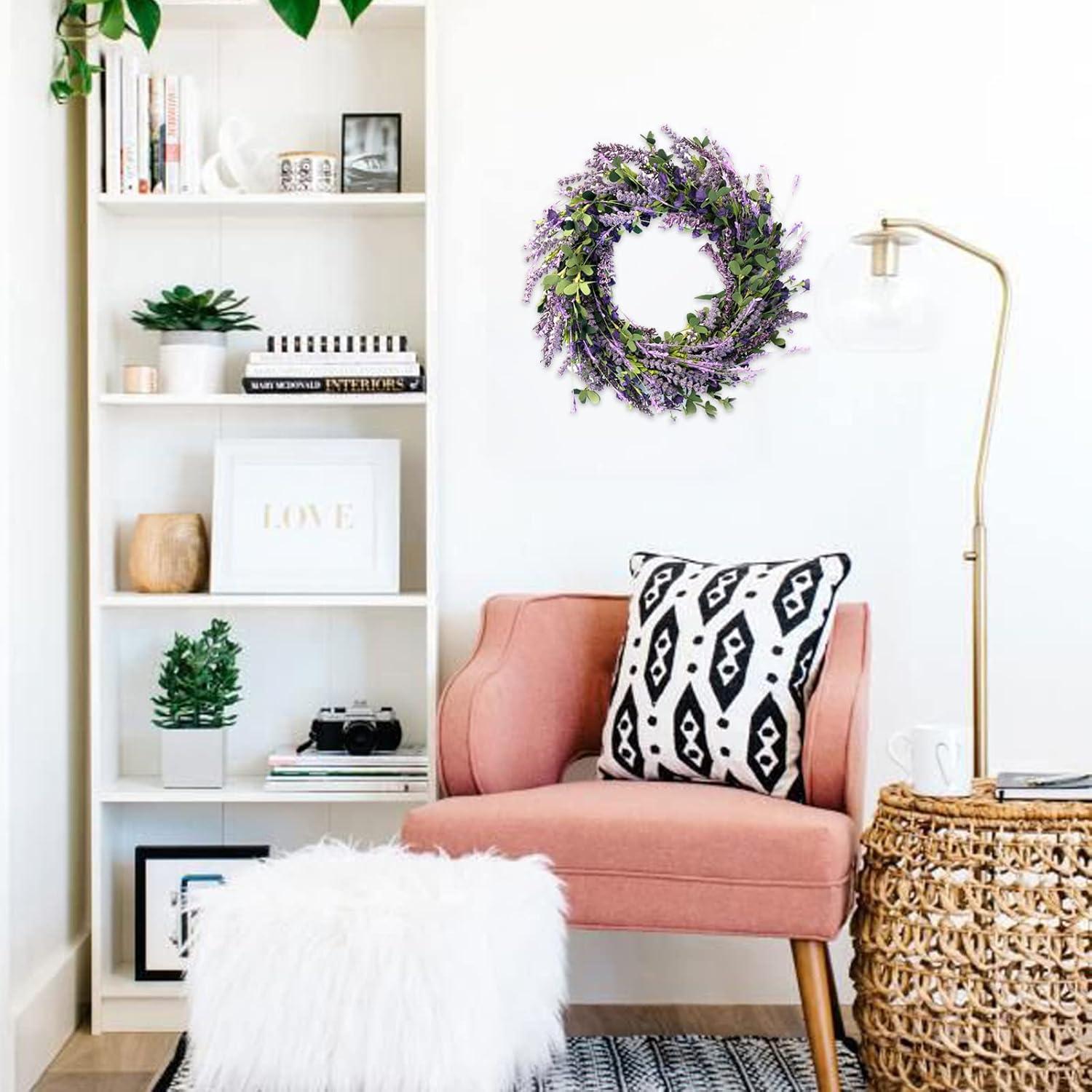 Spring Decor 20 Inch Lavender Wreath for Front Door Greenery Leaves Wreath for All Seasons Indoor Outdoor Floral Wreath for Wedding Party Home Decor