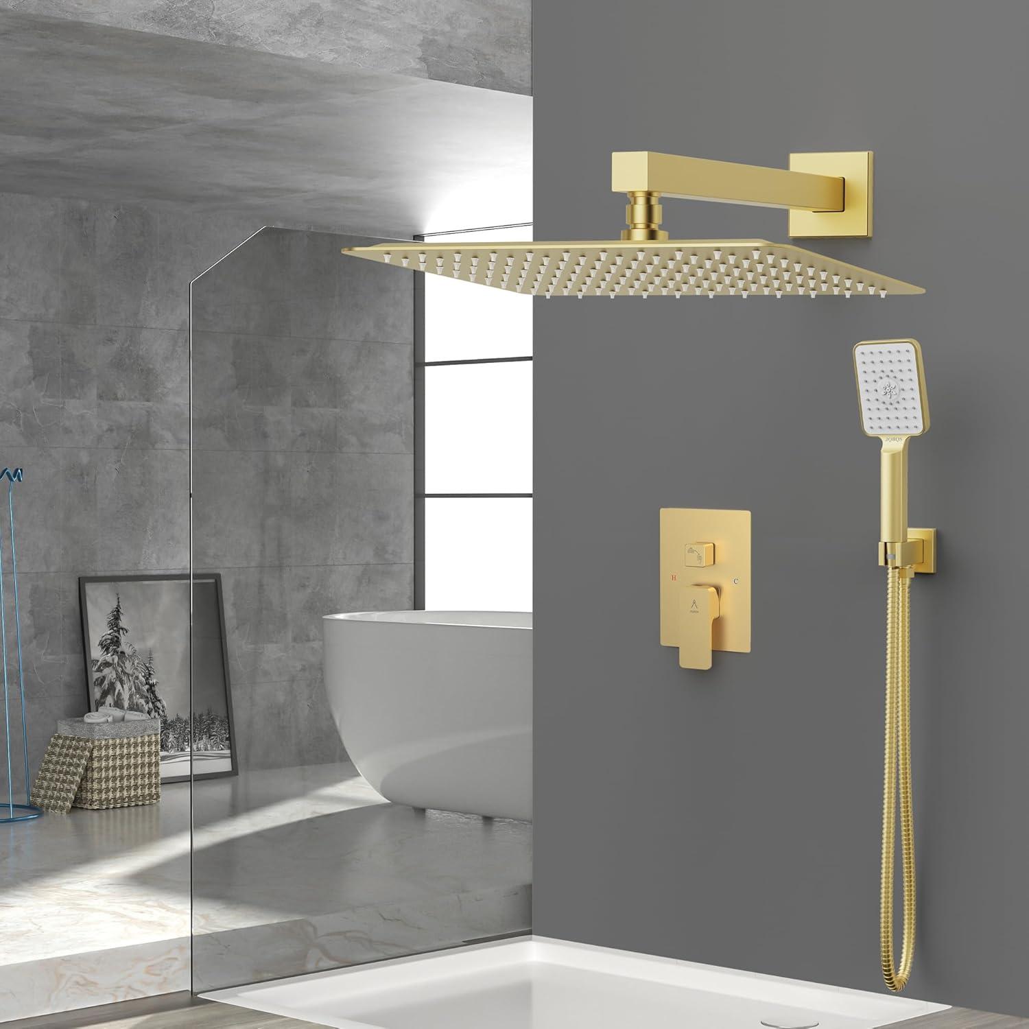 Shower system, 12" (approx. 30.5 cm) rain shower head and handheld spray bathroom shower unit with brass valve and wall trim kit Gold