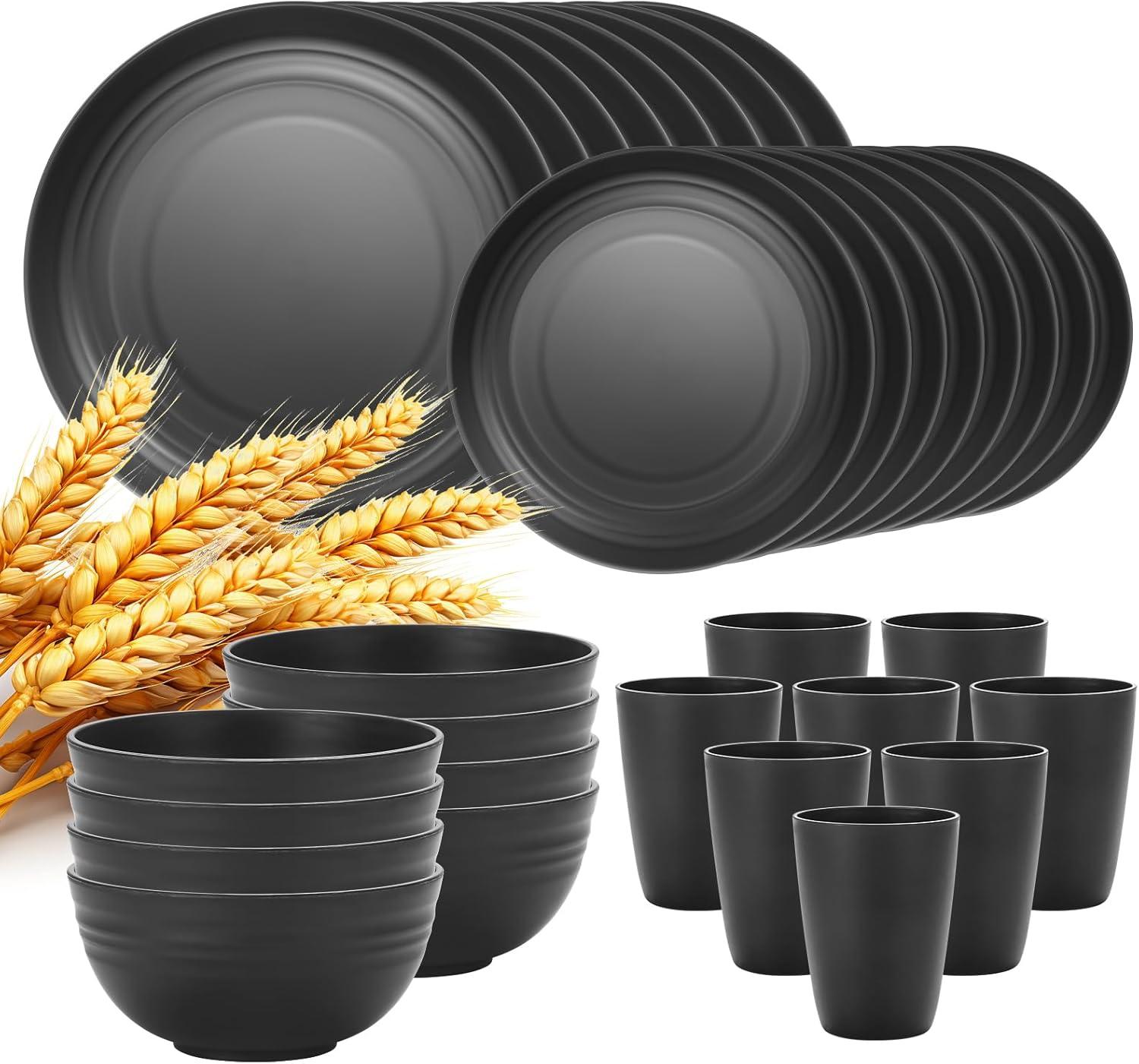 32 Pcs Wheat Straw Dinnerware Sets,Plastic Plates and Bowls Sets for 8,Unbreakable Dinnerware Set,Reusable Lightweight Black Dish Set for Kitchen,Camping,Party,RV,Dishwasher Microwave Safe