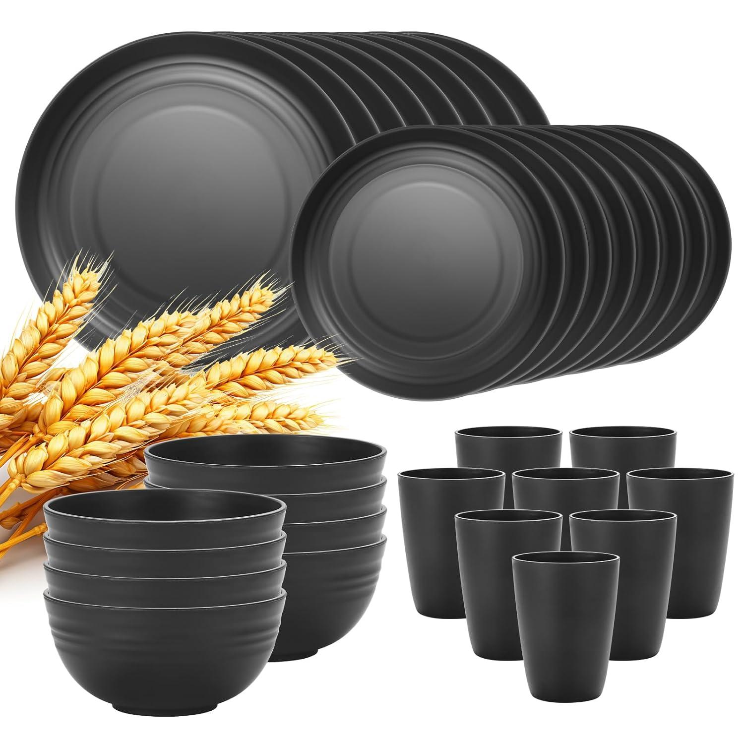32 Pcs Wheat Straw Dinnerware Sets,Plastic Plates and Bowls Sets for 8,Unbreakable Dinnerware Set,Reusable Lightweight Black Dish Set for Kitchen,Camping,Party,RV,Dishwasher Microwave Safe