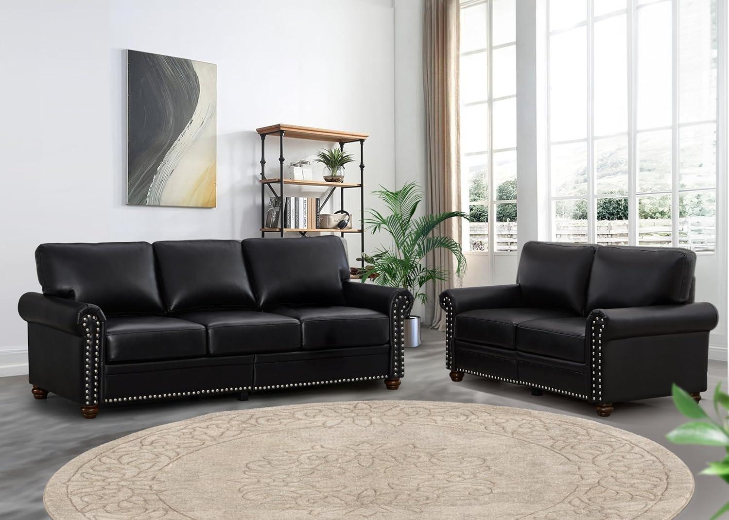 Black Faux Leather 2-Piece Sofa Set with Storage and Rolled Arms