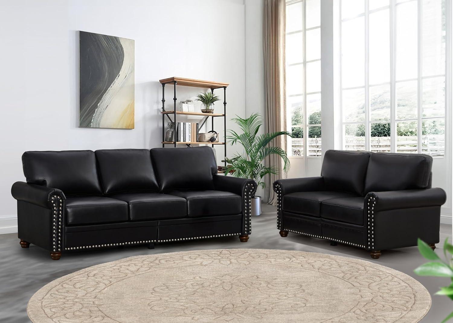2 Piece Faux Leather Sofa Set,Modern Couch and Loveseat Sets with Storage,Mid Century Couch with Rivet Rolled Arm,Comfy Deep Seat Sofa,Furniture for Living Room,Office(Loveseat+3 Seater,Black)