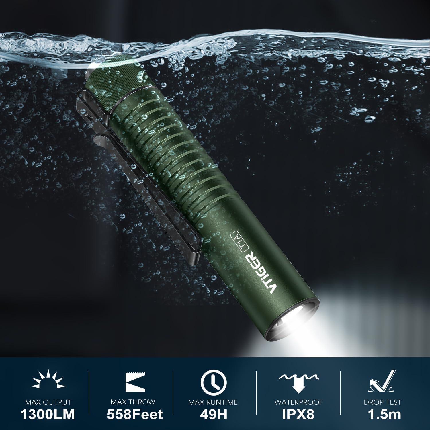 VTIGER T1A Mini Pocket EDC Flashlight with Clip,1300 Lumen Compact AA Rechargeable LED Little Flashlights, Super Bright Tail Switch Small Flash Light with Magnet for Camping,Hiking,Outdoor,Emergency