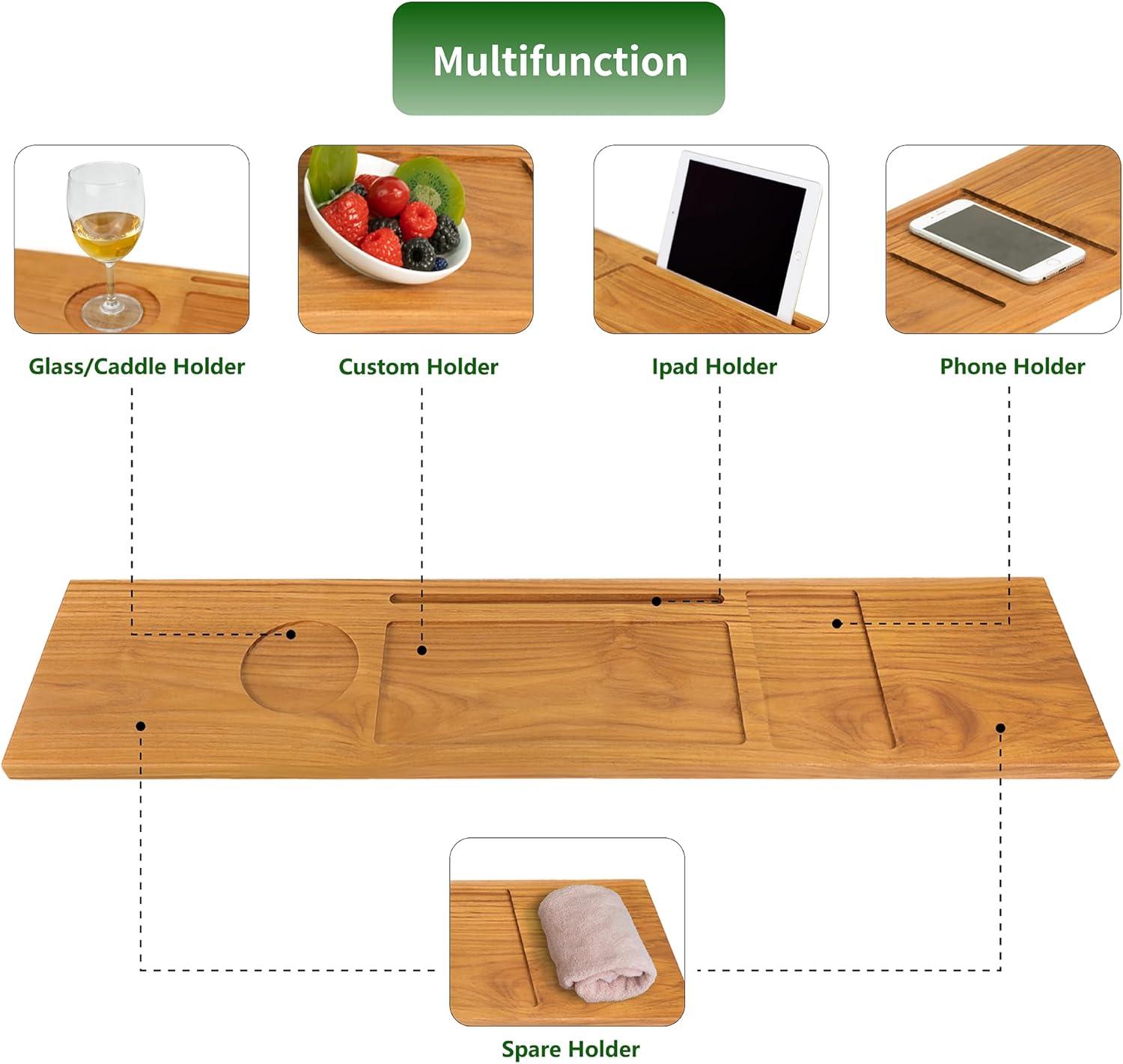 Rebrilliant Teak Bathtub Tray Table, Wooden Bath Board For Tub With Wine And Ipad Holder