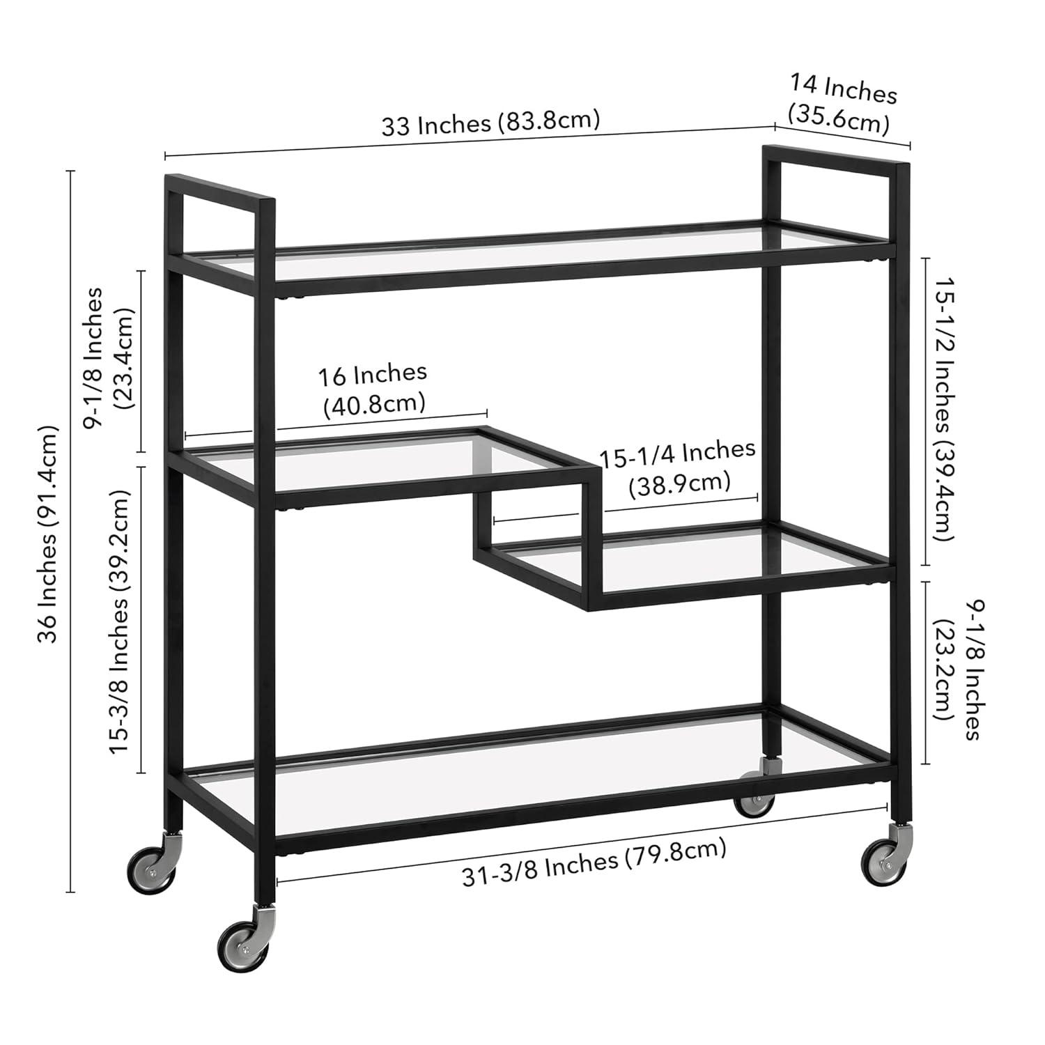 Evelyn&Zoe Lovett 33" Wide Rectangular Bar Cart with Glass Shelves, Blackened Bronze