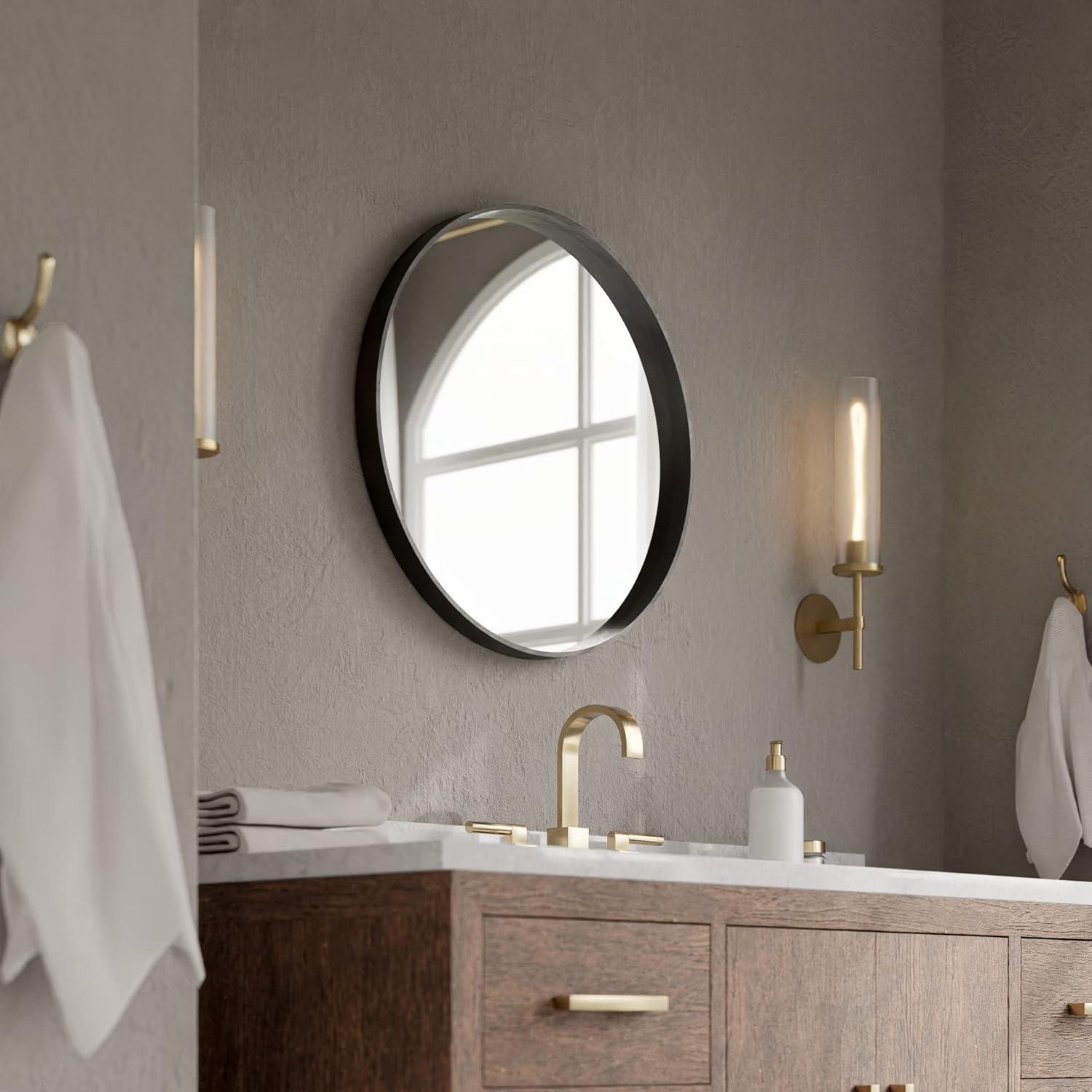 WallBeyond Classic Wooden Frame Farmhouse Round Wall Mirror Satin Black 24 inches Black