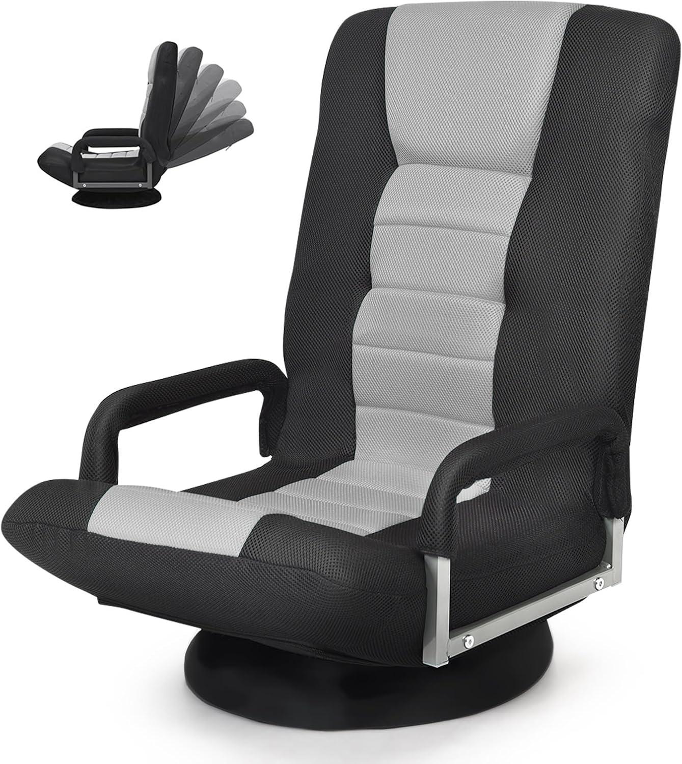 360-Degree Swivel Gaming Floor Chair with Foldable Adjustable Backrest Grey