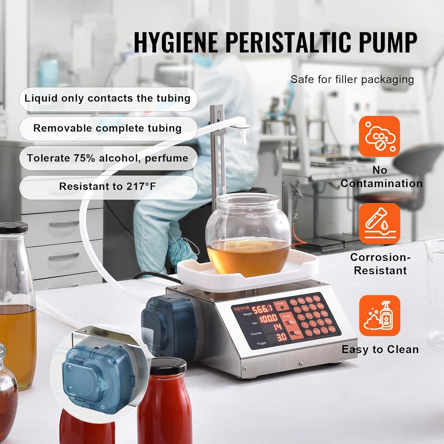 VEVOR Paste Liquid Filling Machine 5-300g,1L/min Flow Rate, Peristaltic Pump Digital Control Automatic Weighing Bottle Filling Machine for Soy Sauce, Drink, Vinegar, Milk, Alcohol,Low Viscous Liquids