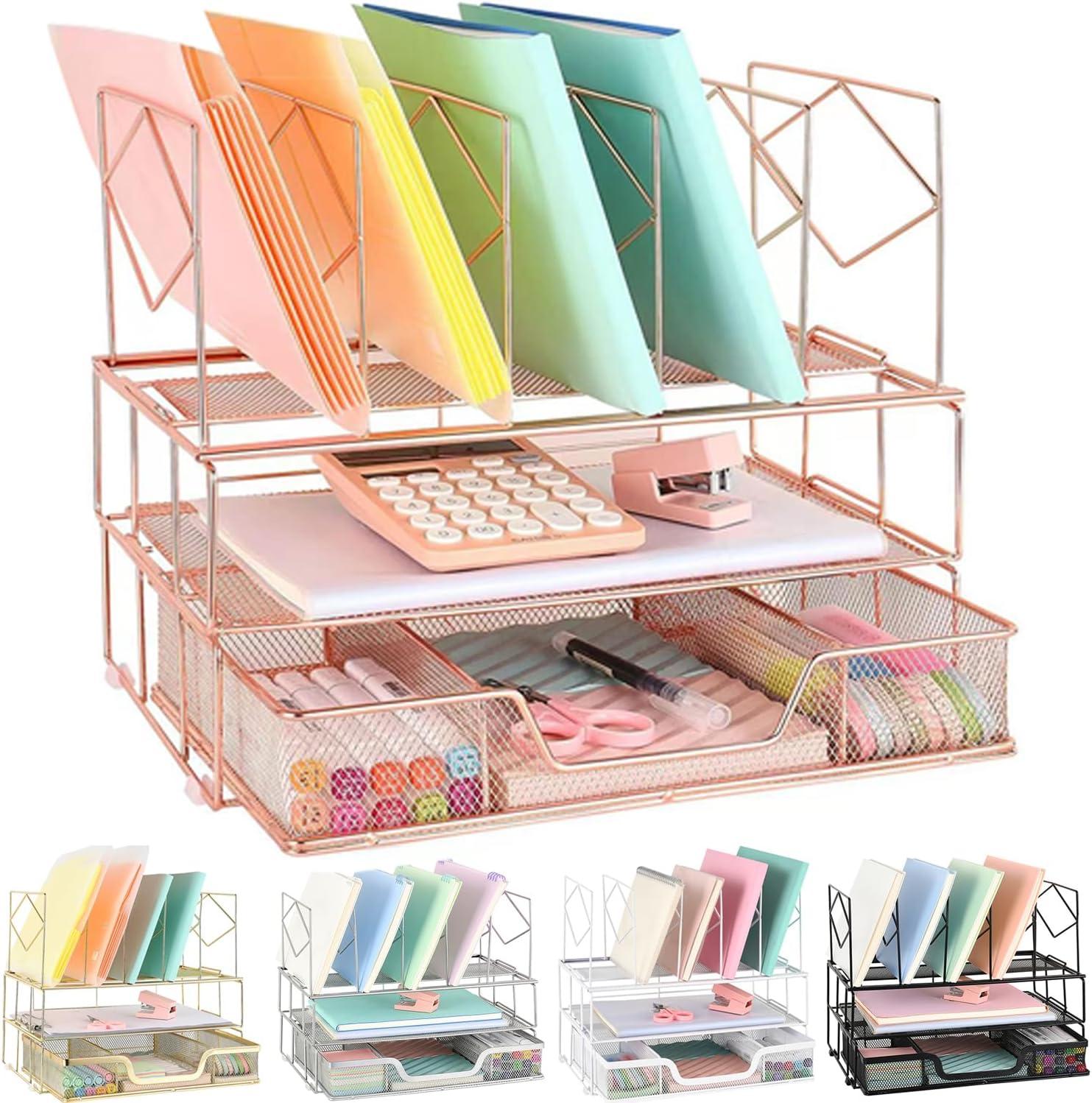 Desk Organizers and Desk Accessories - Rose Gold Desk Organizer with File Sorters, File Organizer with Drawer, Desk Accessories & Workspace Organizers for School Office Supplies