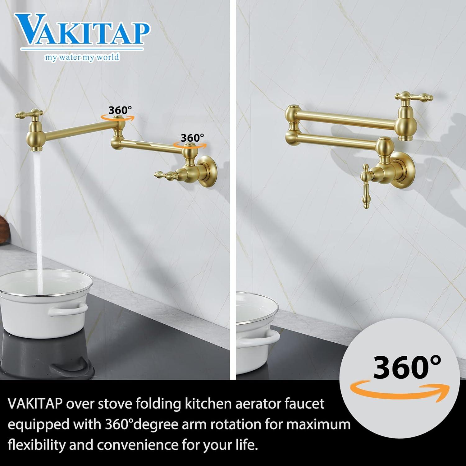 Pot Filler Faucet, Solid Brass Brushed Gold Single Cold Kitchen Faucet Wall Mounted Kitchen Pot Filler Faucet Double Joint Swing Arm Faucet