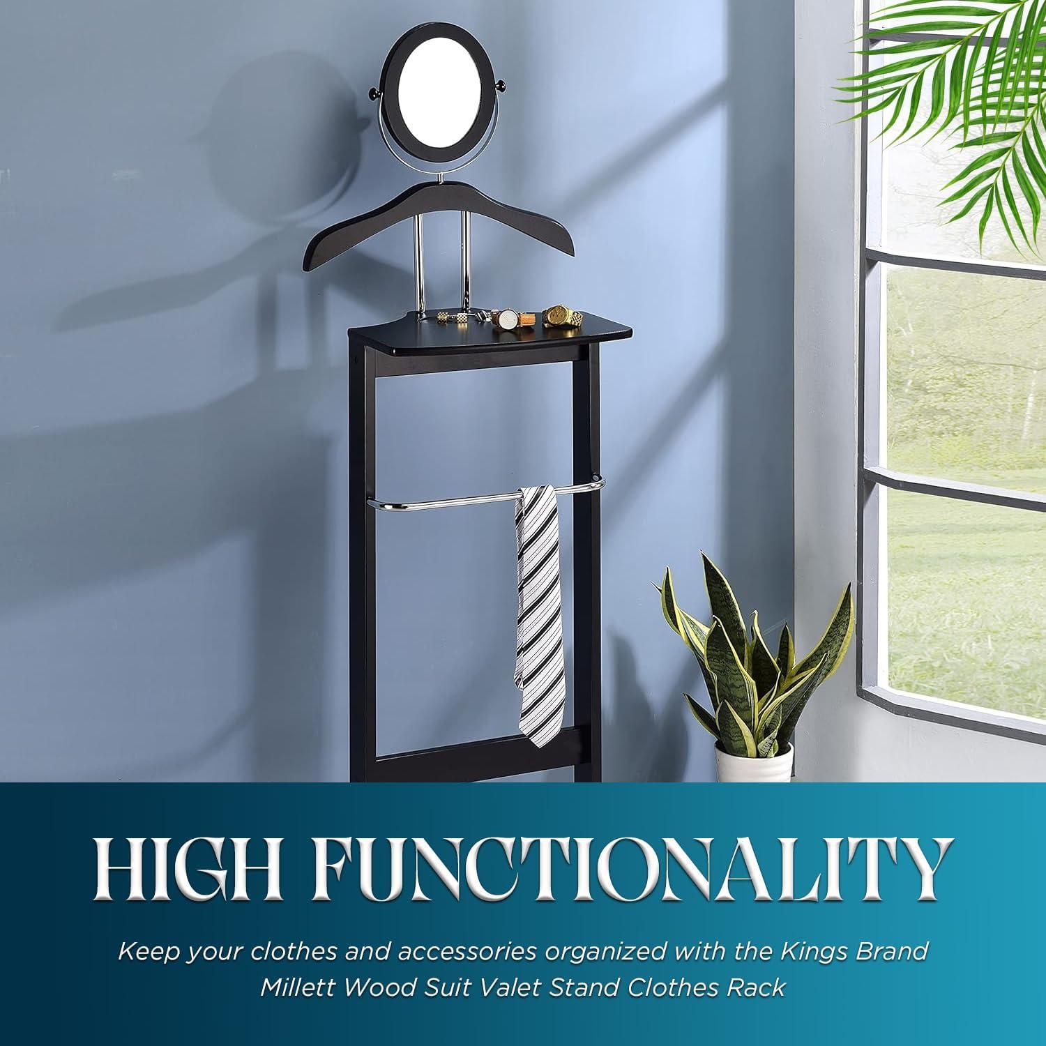 Kings Brand Furniture - Wardrobe Wood Suit Valet Stand, Clothes Trouser Bar Rack, Tie, Belt Hanger and Shoe Rack, Black/Chrome