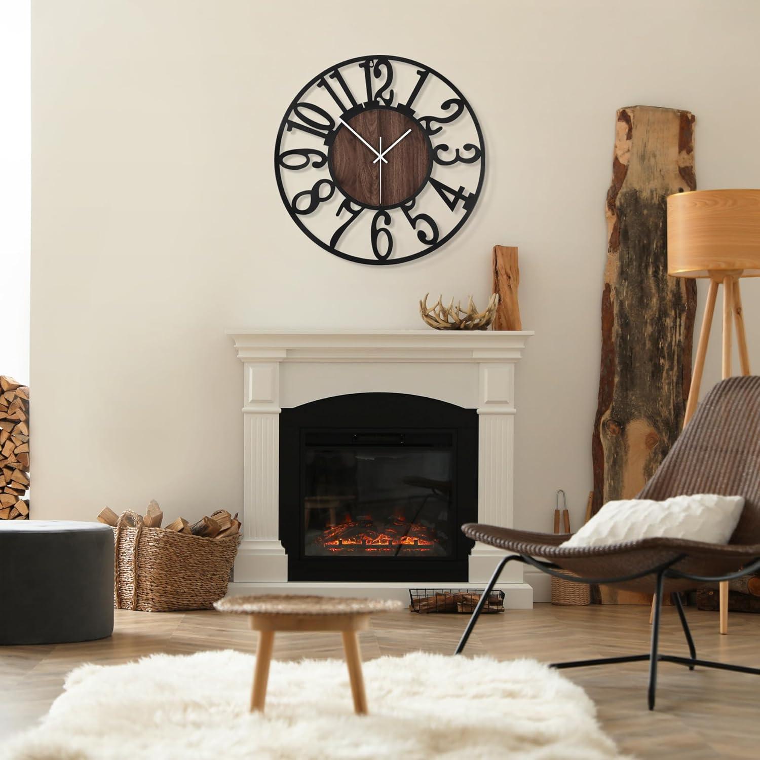 Oversized Black Metal and Wood Silent Wall Clock