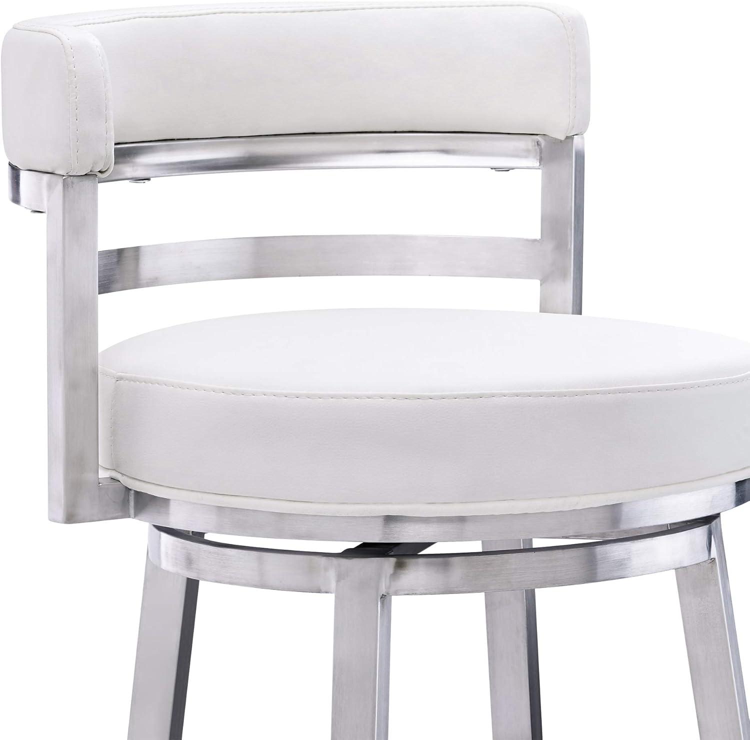 White Faux Leather and Stainless Steel Swivel Bar Stool