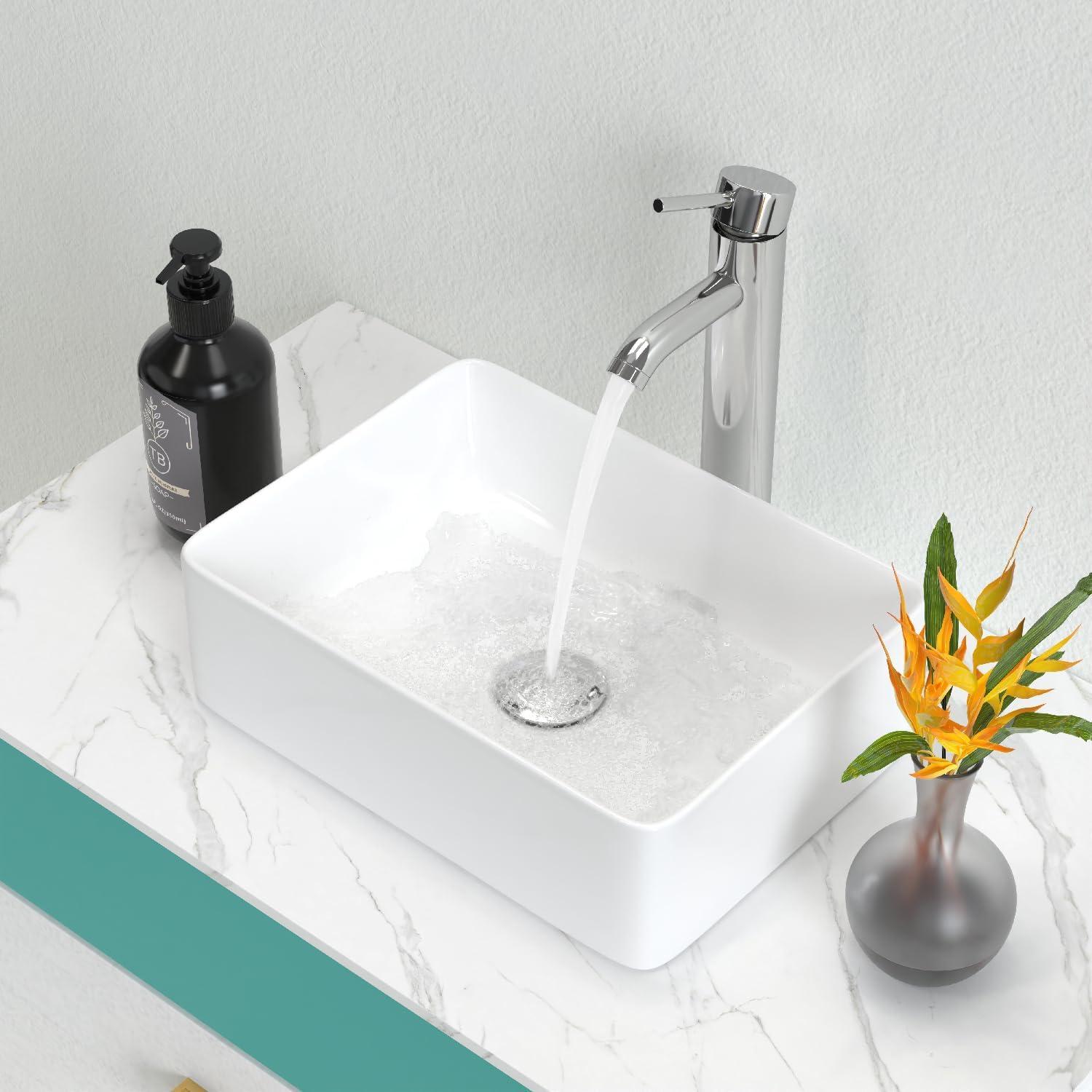 J-FAMILY 14.5'' x 10.6'' Bathroom Small Vessel Sink Above Counter White Porcelain Ceramic Sink Bowl Vanity Sink Lavatory Rectangular Wash Hand Basin