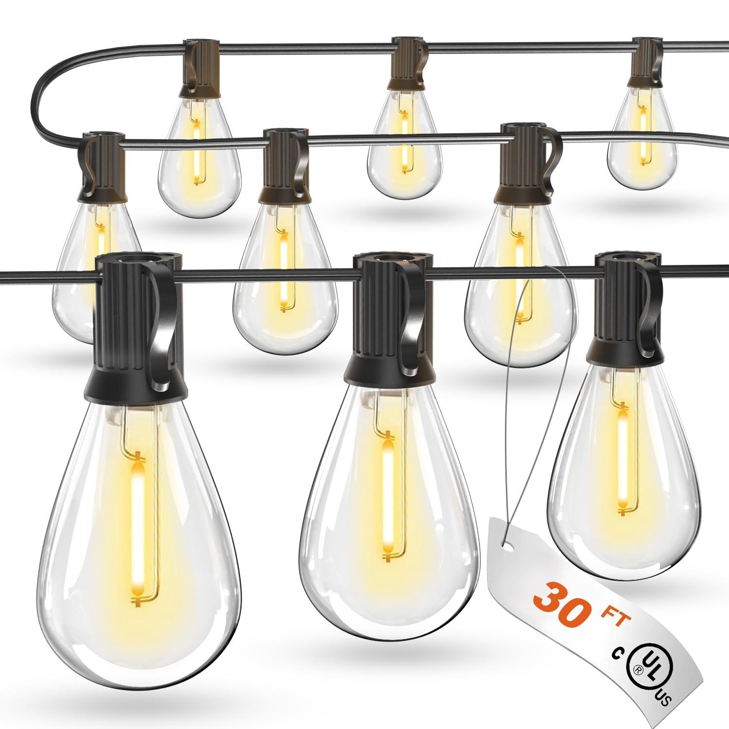 luckystyle 30FT LED Outdoor String Lights with 8+1 Edison Shatterproof Waterproof Bulbs, 2700K Commercial Grade Patio Lights, Heavy Duty Outside Hanging Outdoor Lights for Garden Porch Deck Decor