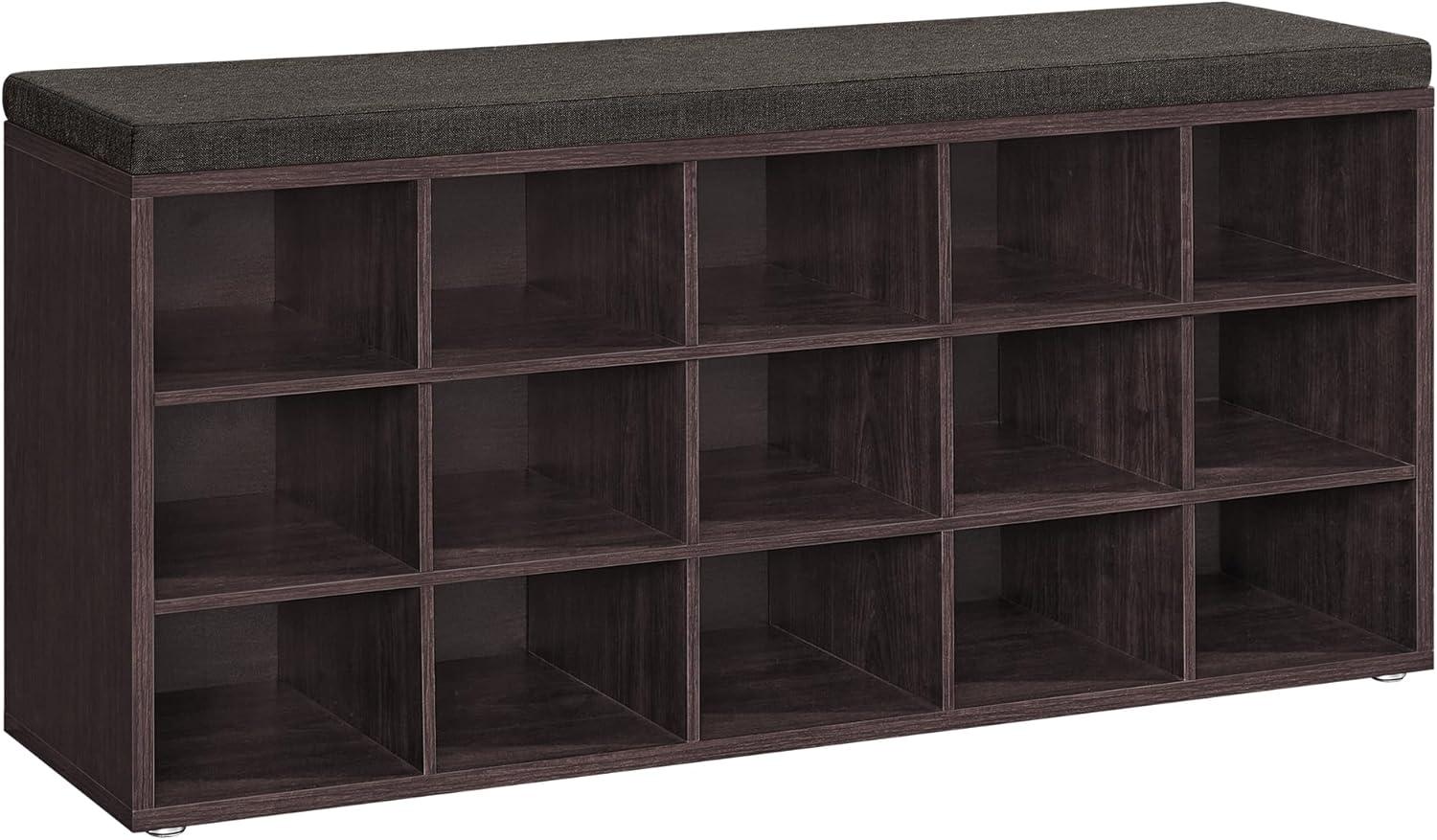 VASAGLE Shoe Rack Bench with Cushion 15-Cube Storage Bench Storage Cabinet for Entryway Espresso