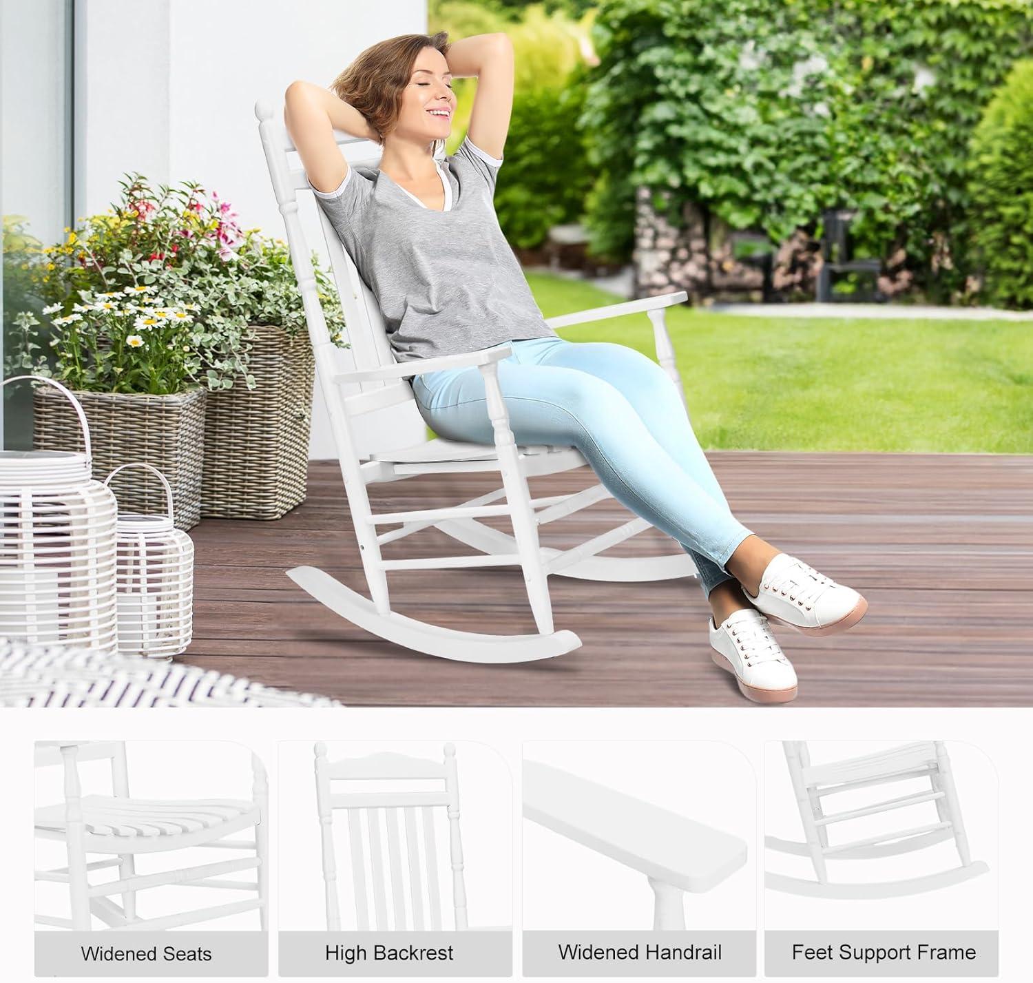 UBesGoo 2 Pack Wood Rocking Chair, r Solid Wood High Back Seat Reclining Seat for Deck, Garden, Backyard, Porch, Indoor or Outdoor Use, White