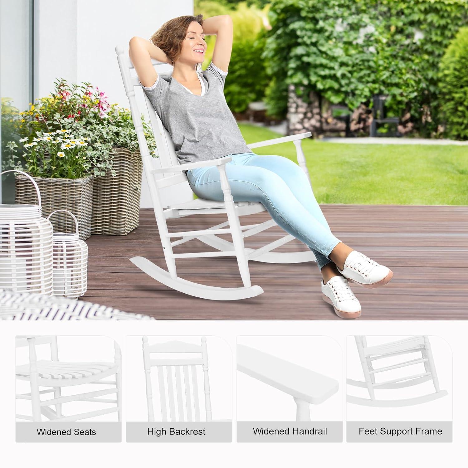 UBesGoo 2 Pack Wood Rocking Chair, r Solid Wood High Back Seat Reclining Seat for Deck, Garden, Backyard, Porch, Indoor or Outdoor Use, White