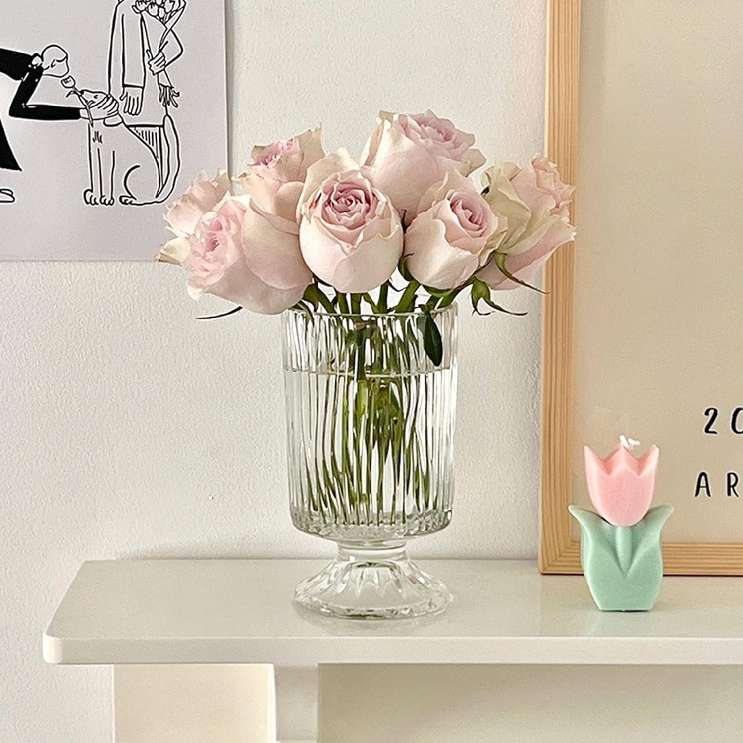 7 Inch Modern Glass Vase with Embossed Ribbed Base - Clear Hydroponic Design for Home Decor, Weddings Party Living Room, Dining Table Floral Arrangement Centerpiece