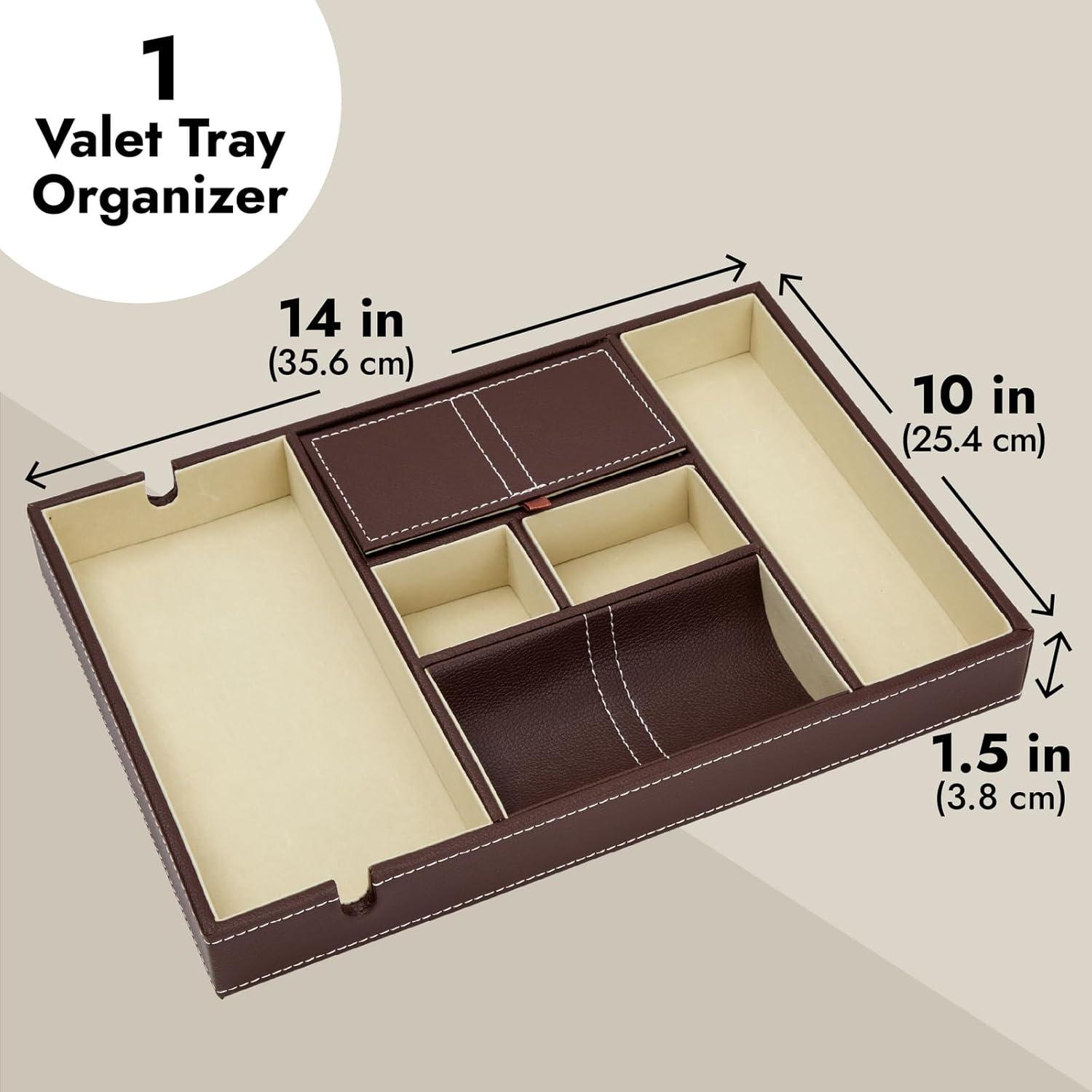 Juvale Leather Valet Catchall Tray for Men with 6 Compartments - Bedside Nightstand Organizer for Phones (Brown)