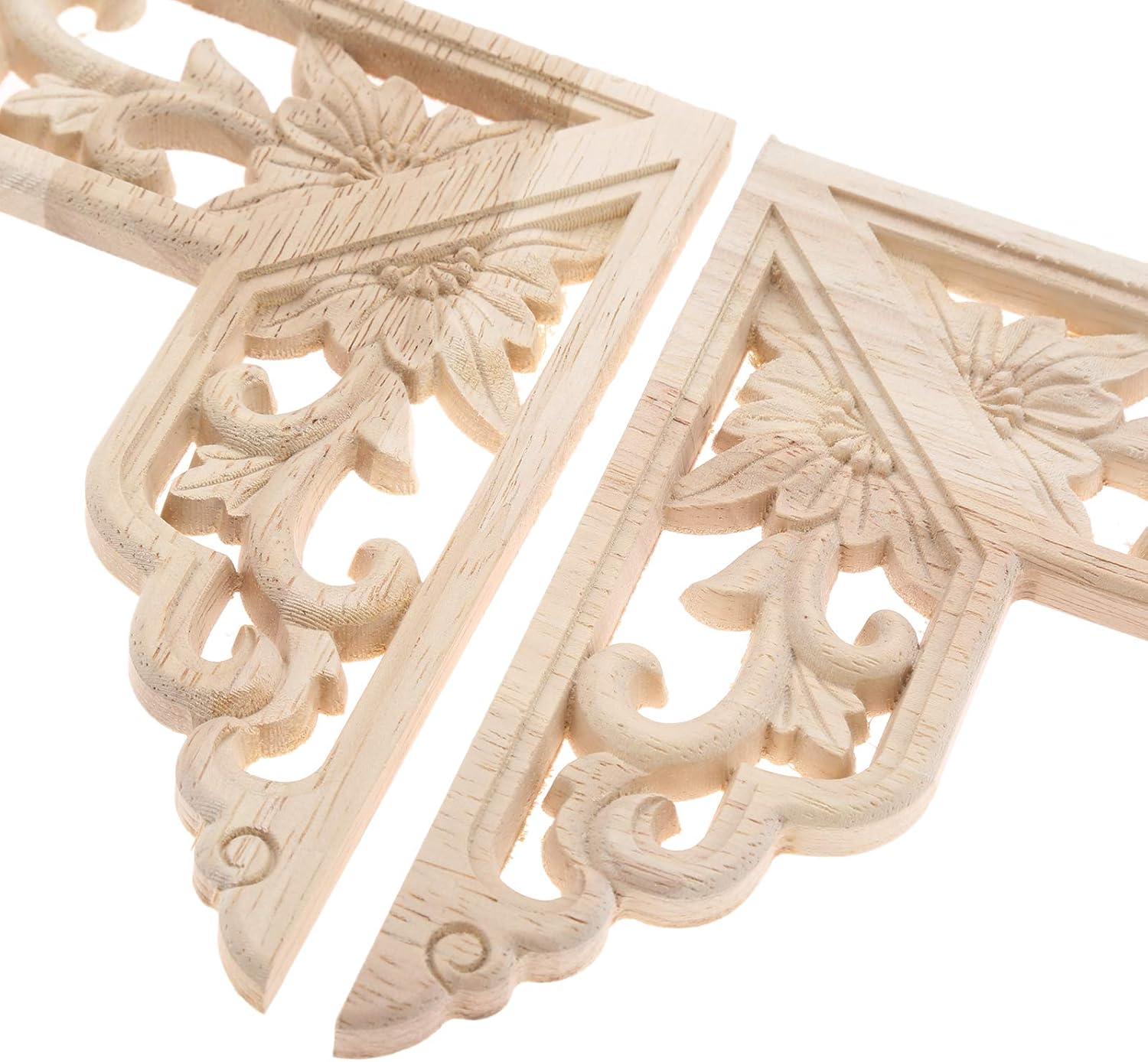 MUXSAM Wooden Decorative Appliques Onlays, 4-Pack Unpainted Wood Caravings Decals Inlays Overlays Corners Decor for Cabinet Dresser Cupboard Mirrors Walls Doors DIY Craft Project, 15x15cm/5.91"x5.91"
