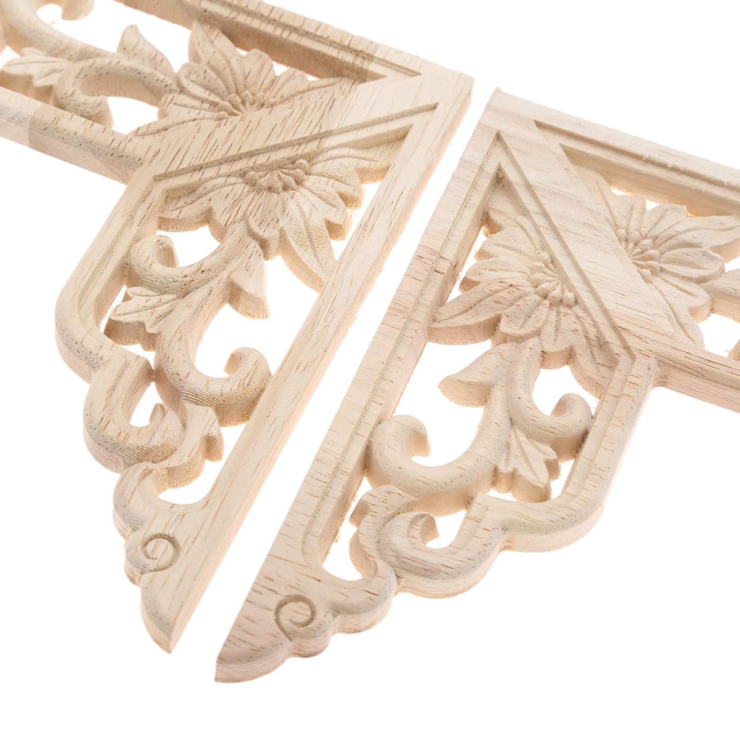 MUXSAM Wooden Decorative Appliques Onlays, 4-Pack Unpainted Wood Caravings Decals Inlays Overlays Corners Decor for Cabinet Dresser Cupboard Mirrors Walls Doors DIY Craft Project, 15x15cm/5.91"x5.91"