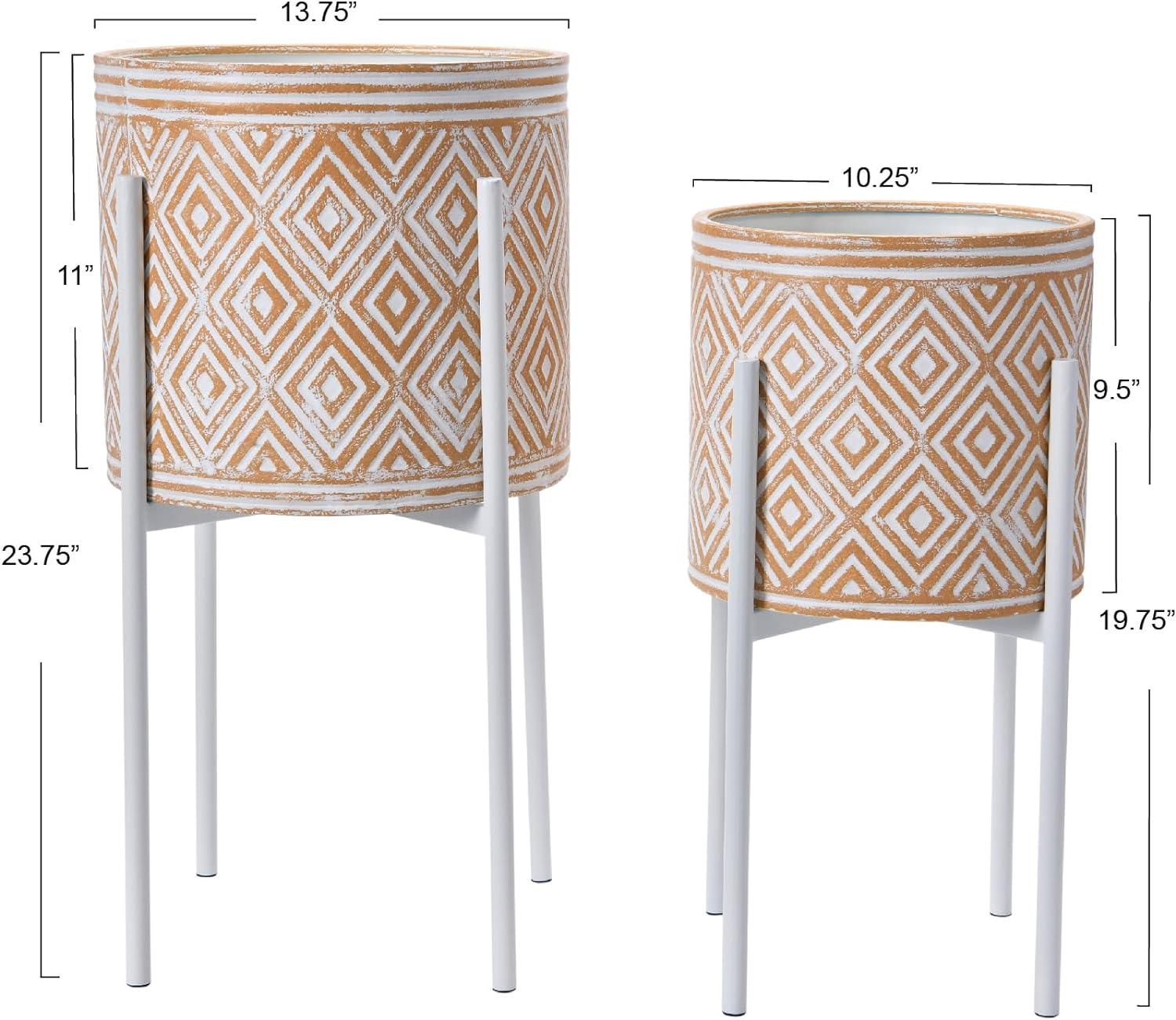 Main + Mesa Modern Boho Embossed Metal Planters with Stands, White and Terracotta, Set of 2 Sizes