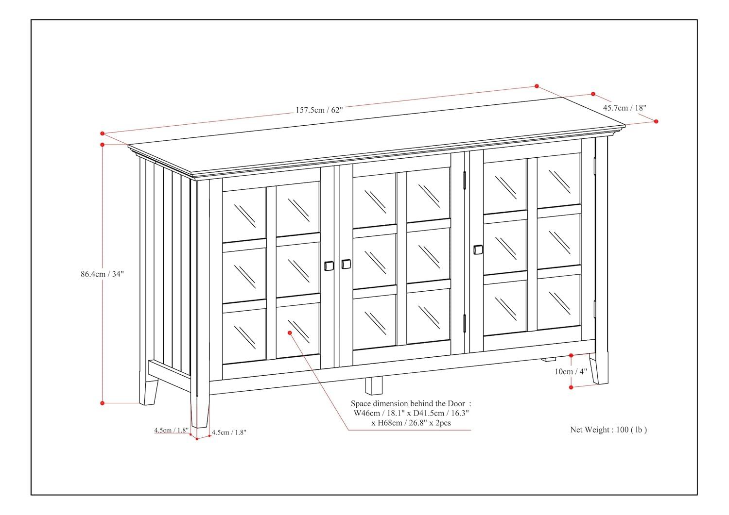 Simpli Home Acadian 62"W Solid Wood 3-Shelf Storage Cabinet with Tempered Glass Doors and Adjustable Shelves