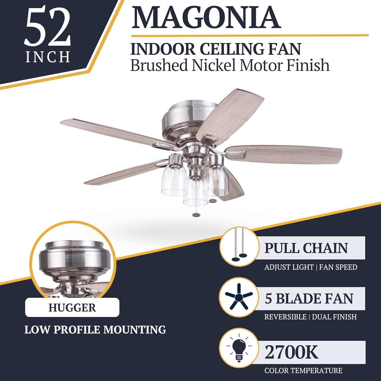 Prominence Home 51669-45 Magonia 52 in. Farmhouse Style Flush Mount LED Ceiling Fan with Light - Brushed Nickel