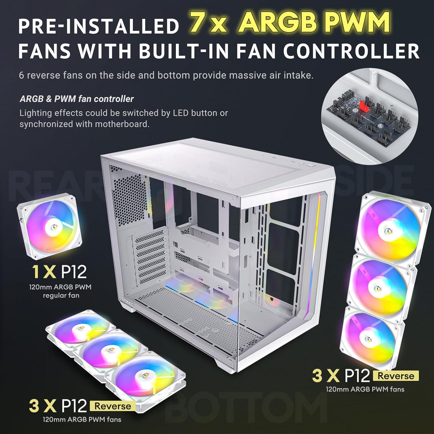 Antec C5 ARGB White, 7 x 120mm ARGB PWM Fans Included, Up to 10 Fans Simultaneously, Type-C 3.2 Gen 2 port, Seamless Tempered Glass Front & Side Panels, 360mm Radiator Support, Mid-Tower ATX PC Case