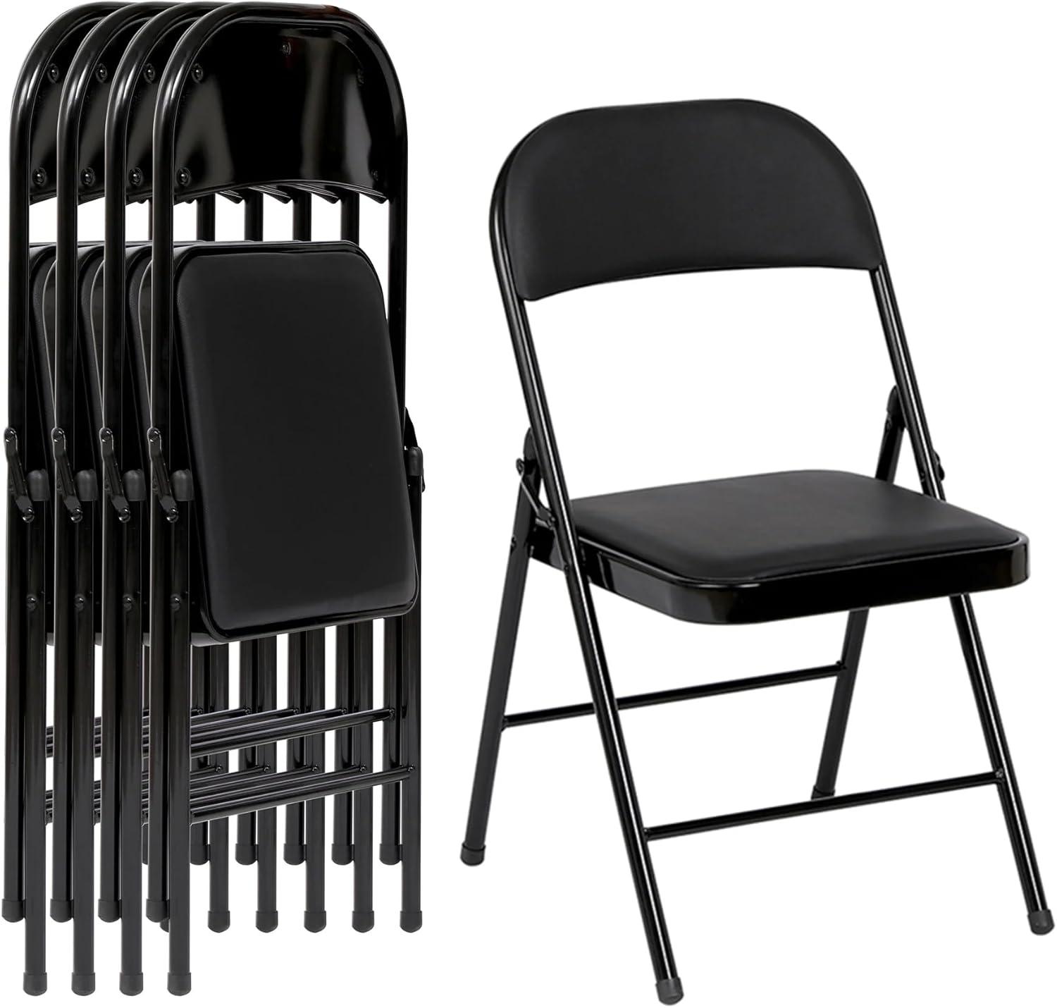 Folding Chairs with Padded Cushion and Back, 4pcs Potable Iron & PVC Durable Chairs for Indoor and Outdoor, School, Office and Garden Party, Gray