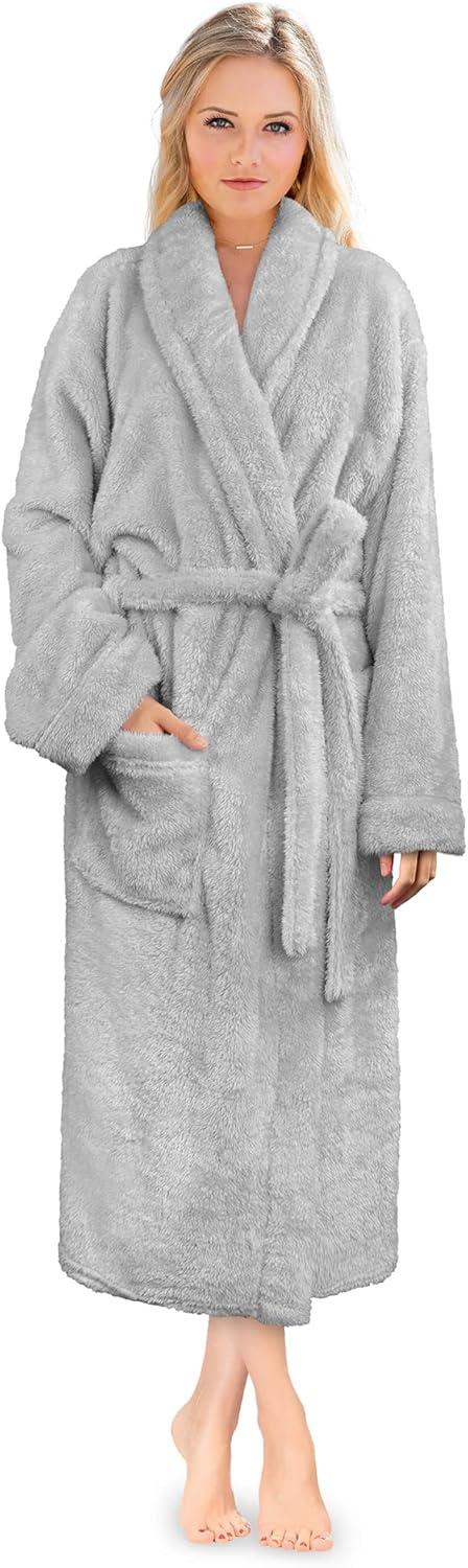 Gray Plush Fleece Faux Shearling Shaggy Bathrobe