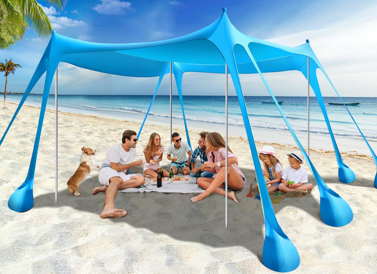Rhino Valley Beach Tent Shade Canopy UPF50+ Protection, 8 Sandbags, 4 Stability Poles, Outdoor Sun Shelter Umbrella for Sand, Camping, Fishing Essentials